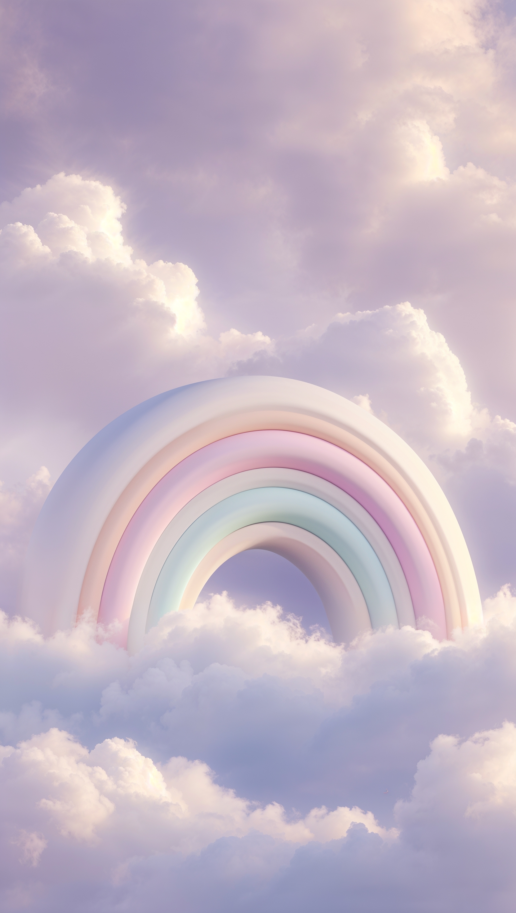 Soft rainbow on cloudy sky in pale pastel tones