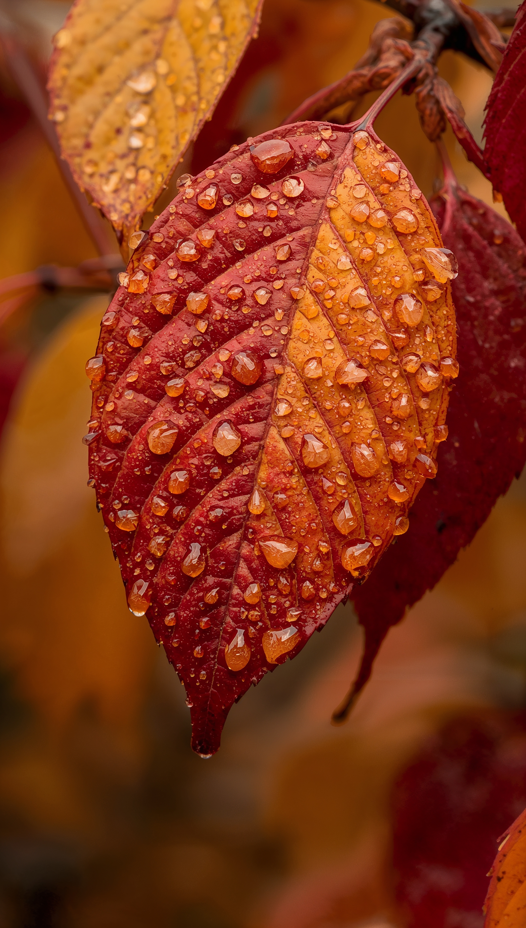 November wallpaper – raindrops on autumn leaves