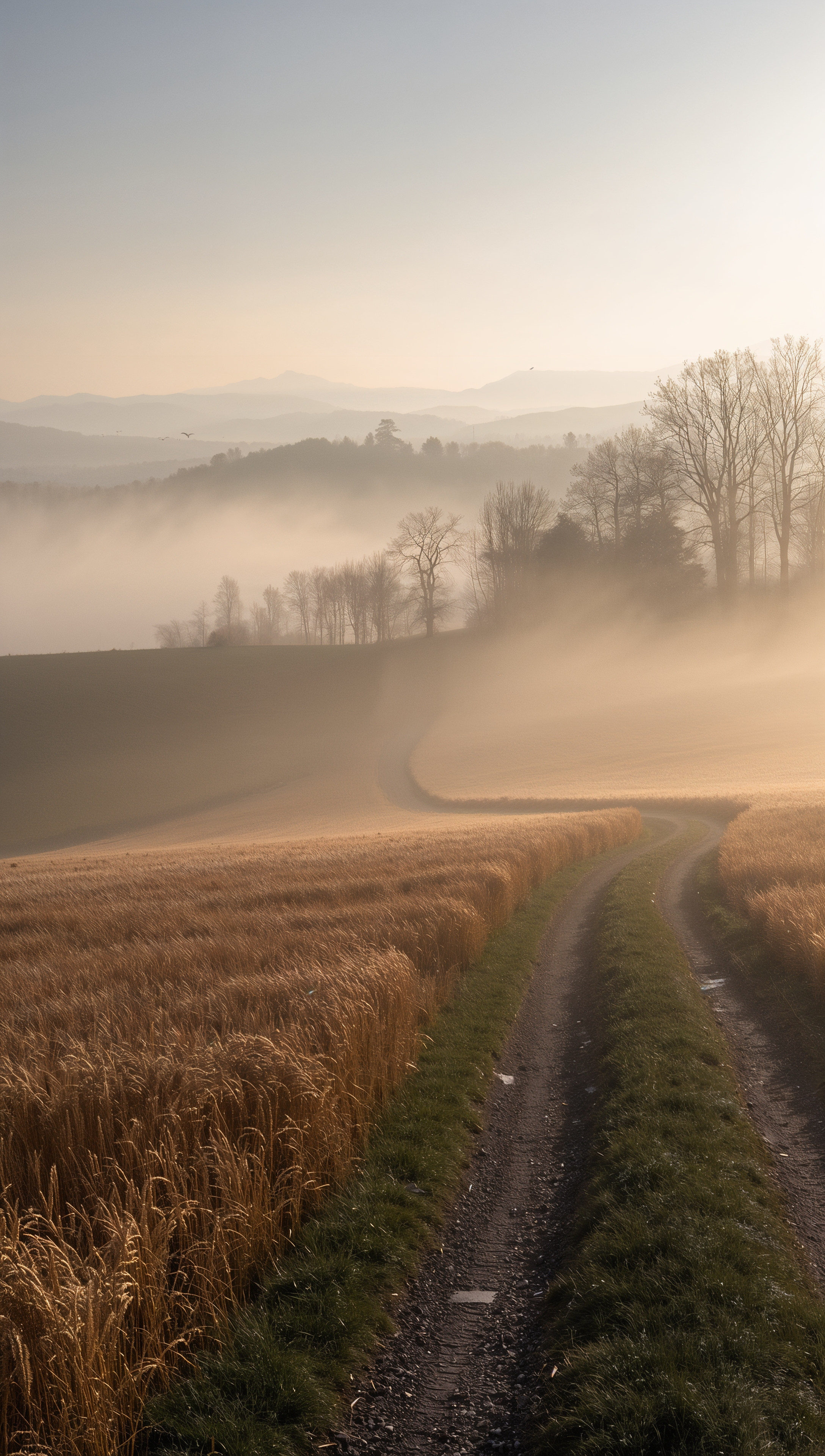 November wallpaper – foggy morning over autumn fields
