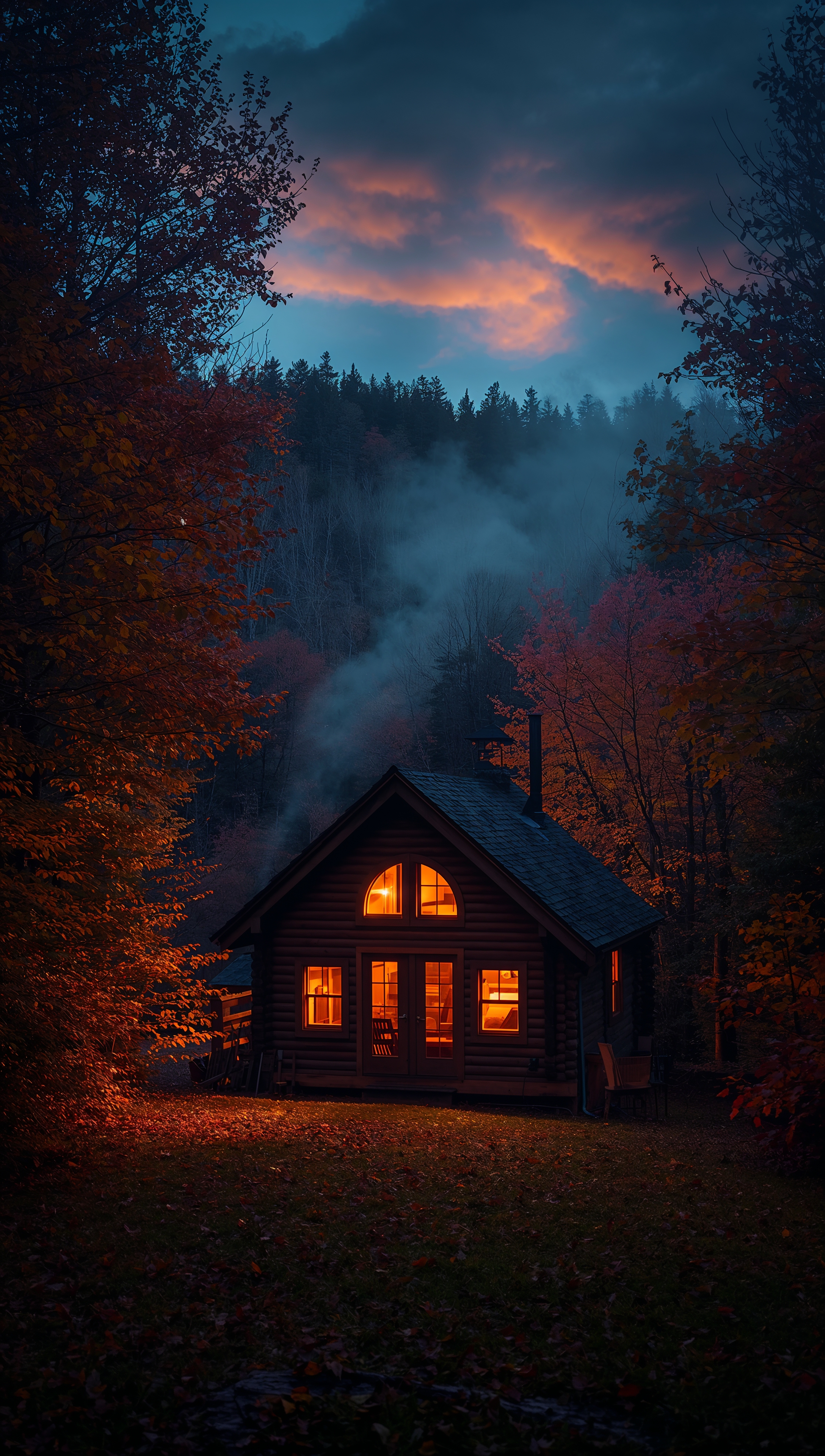 November wallpaper – cozy forest cabin in November
