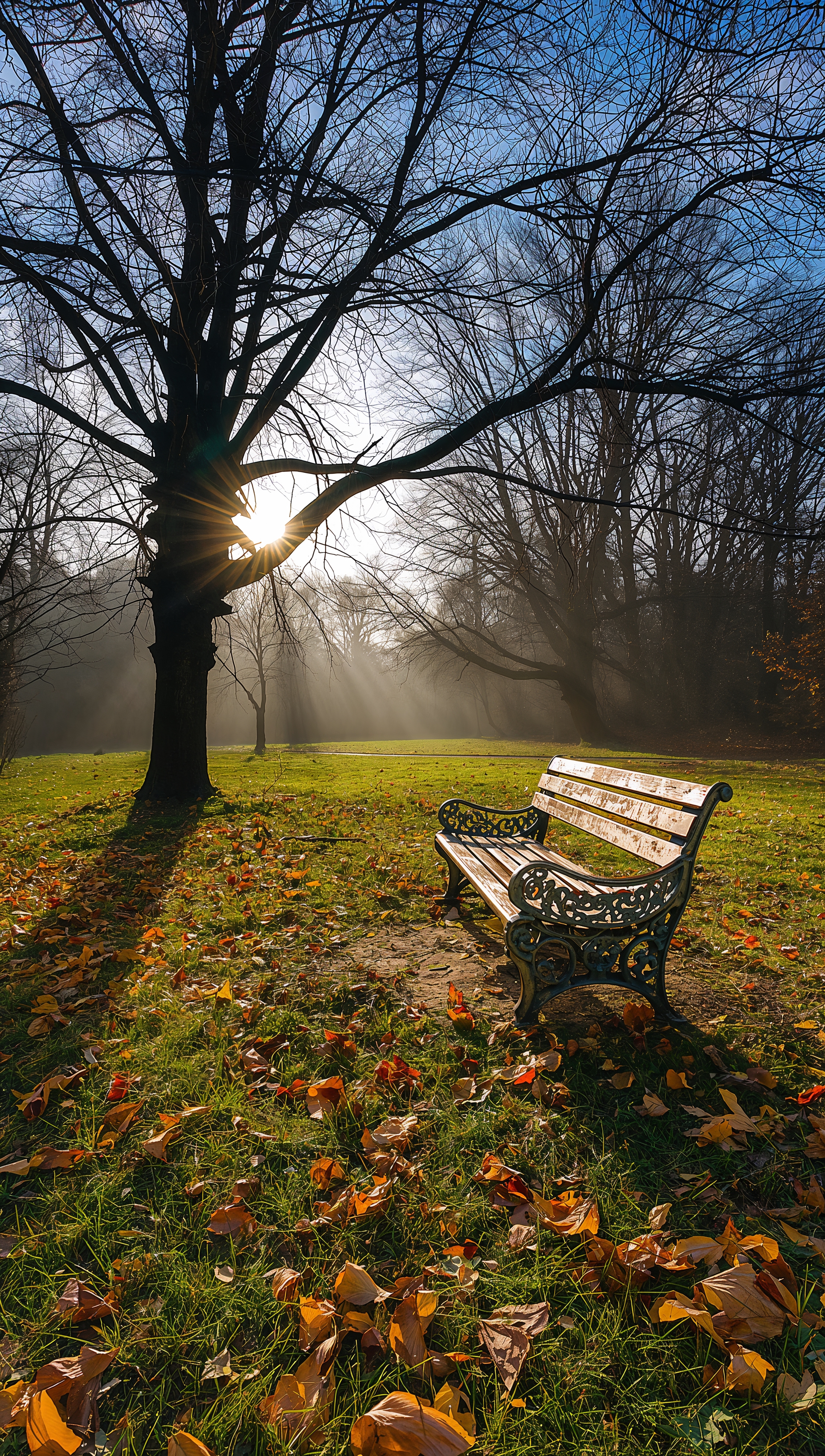 November wallpaper – park bench in late autumn