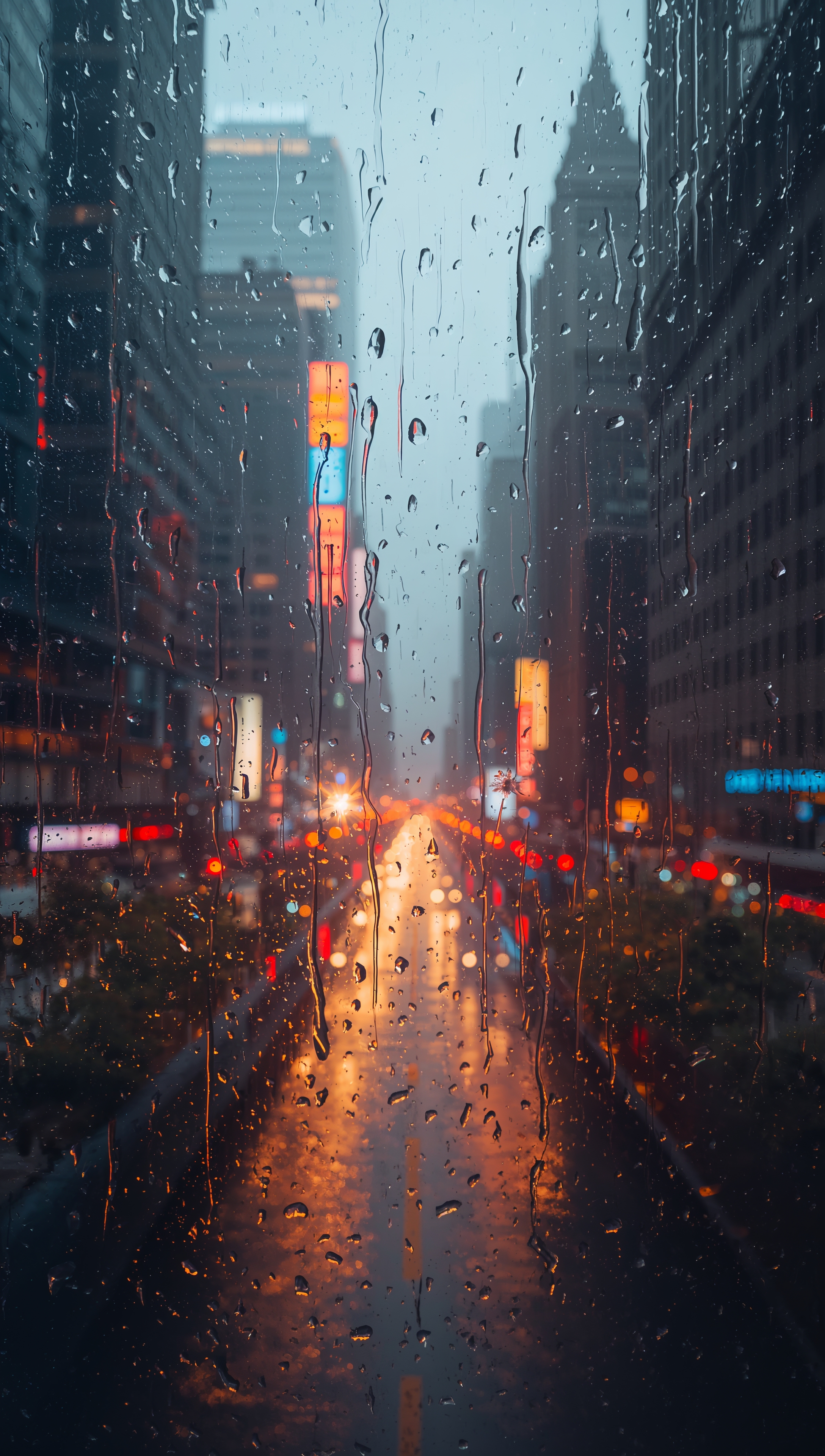 November wallpaper – rainy window with city lights
