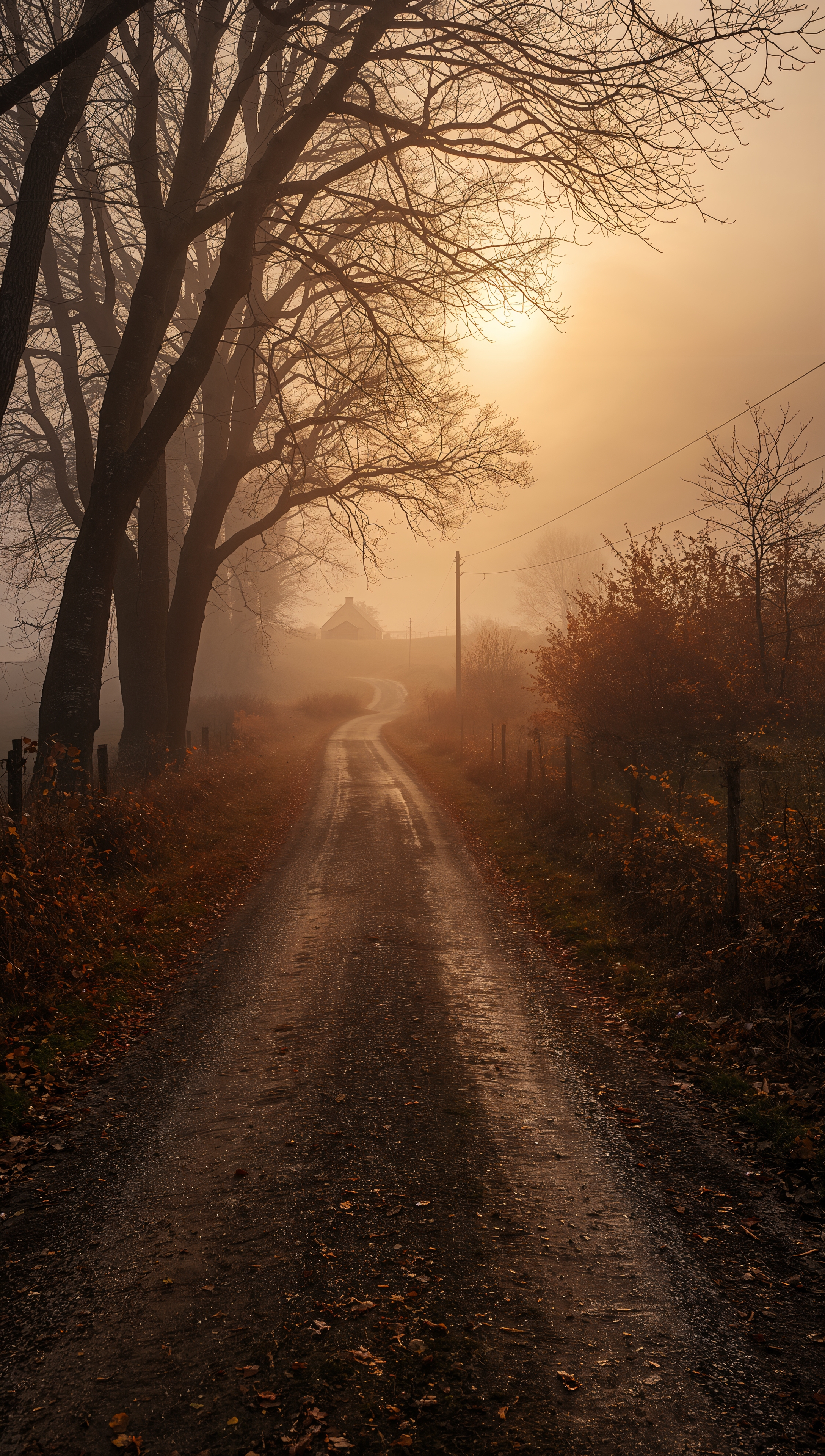 November wallpaper – foggy countryside road in autumn