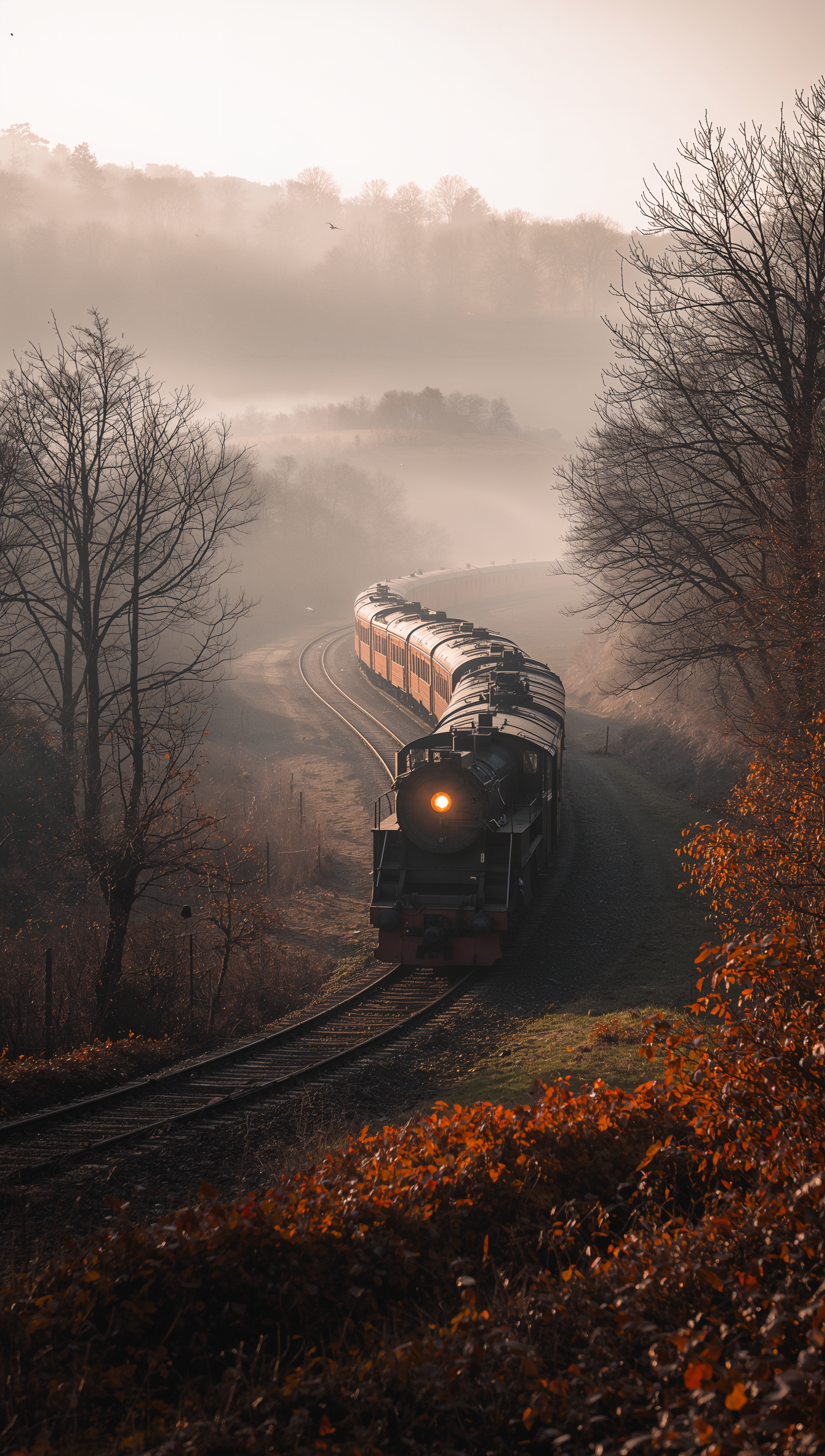 November wallpaper – train in foggy November morning