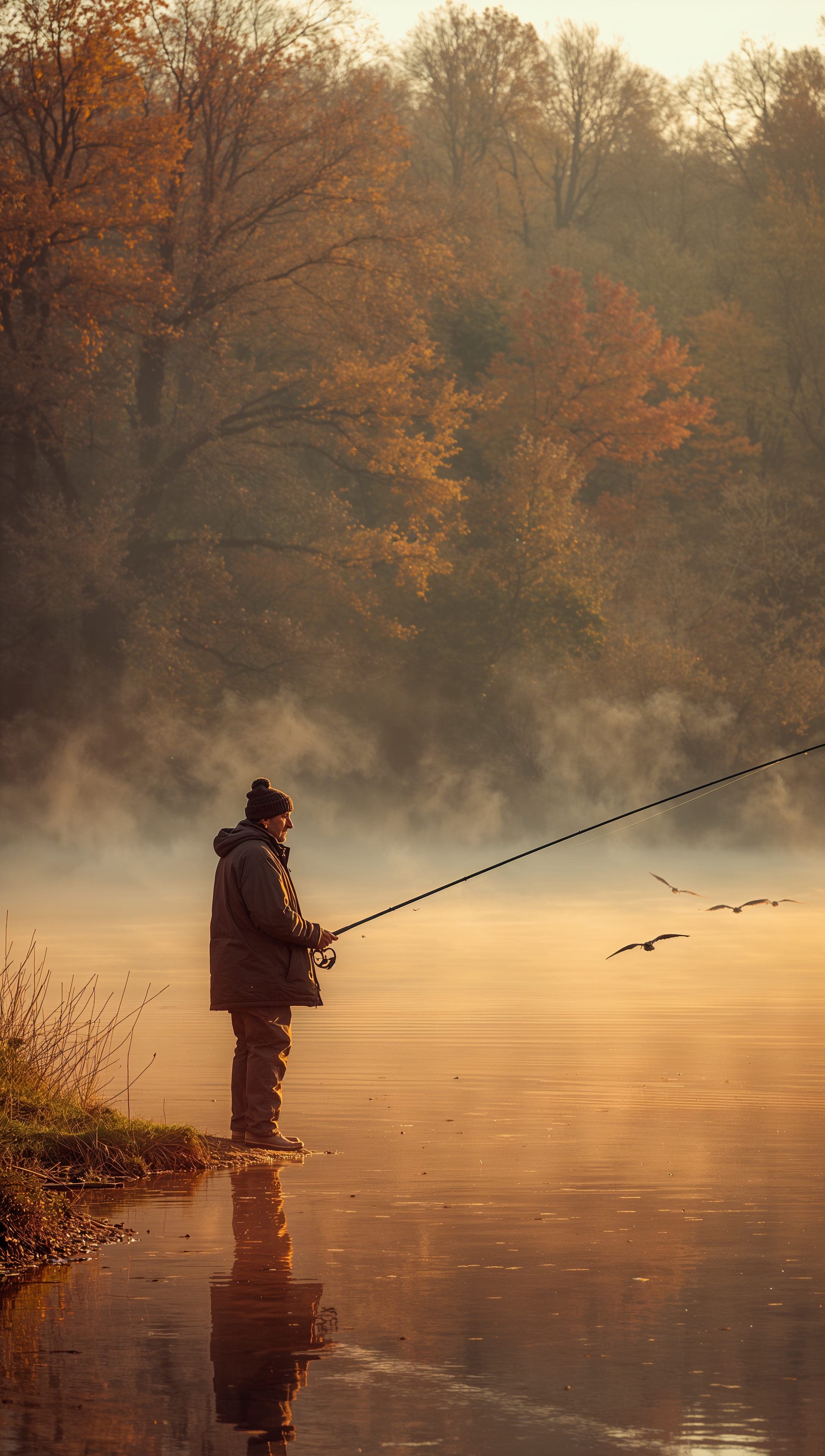 November wallpaper – fisherman on misty lake