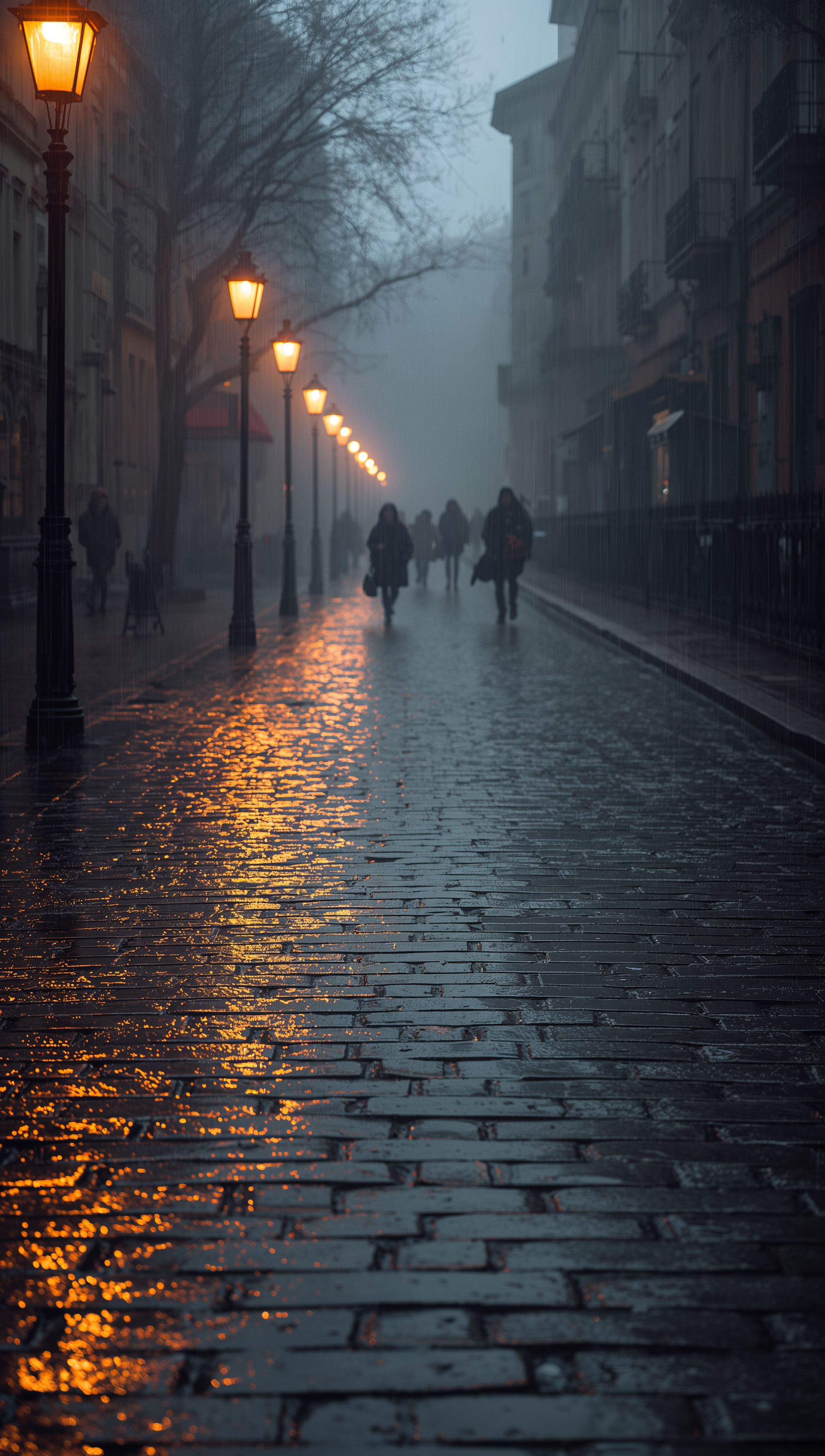 November wallpaper – rainy cobblestone street in autumn