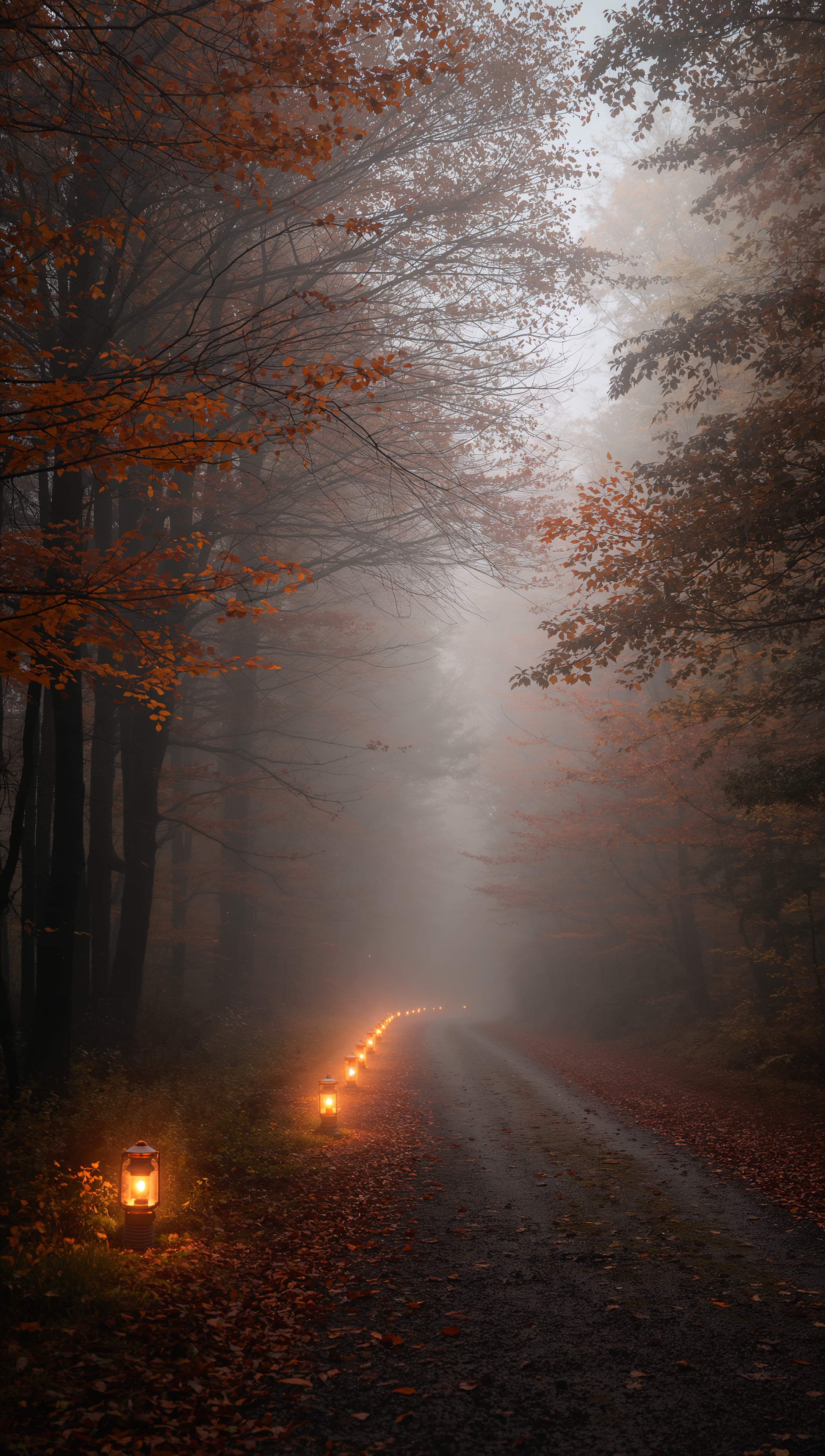 October iPhone wallpaper – lanterns in autumn fog