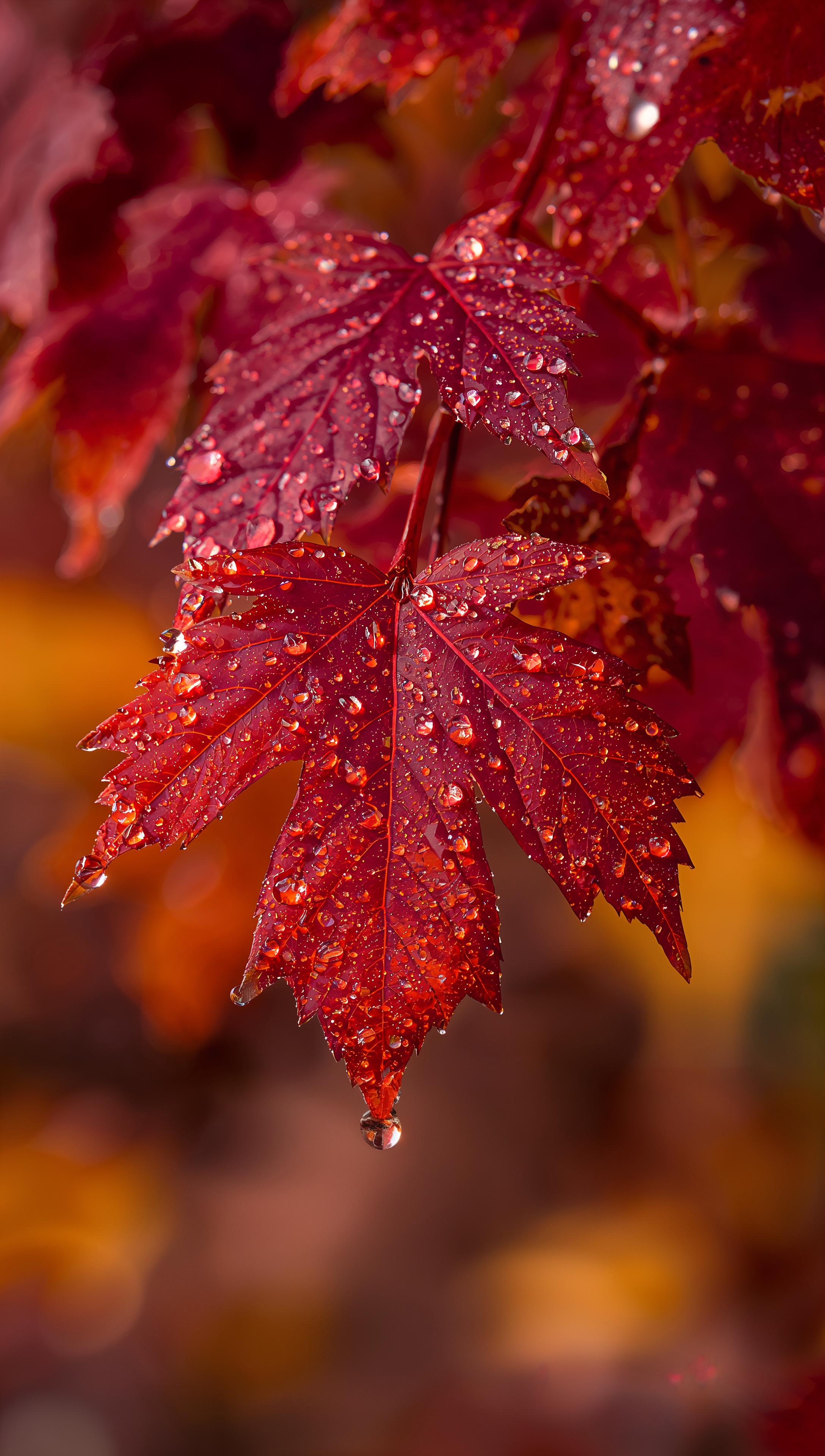 October iPhone wallpaper – dew on red autumn leaves