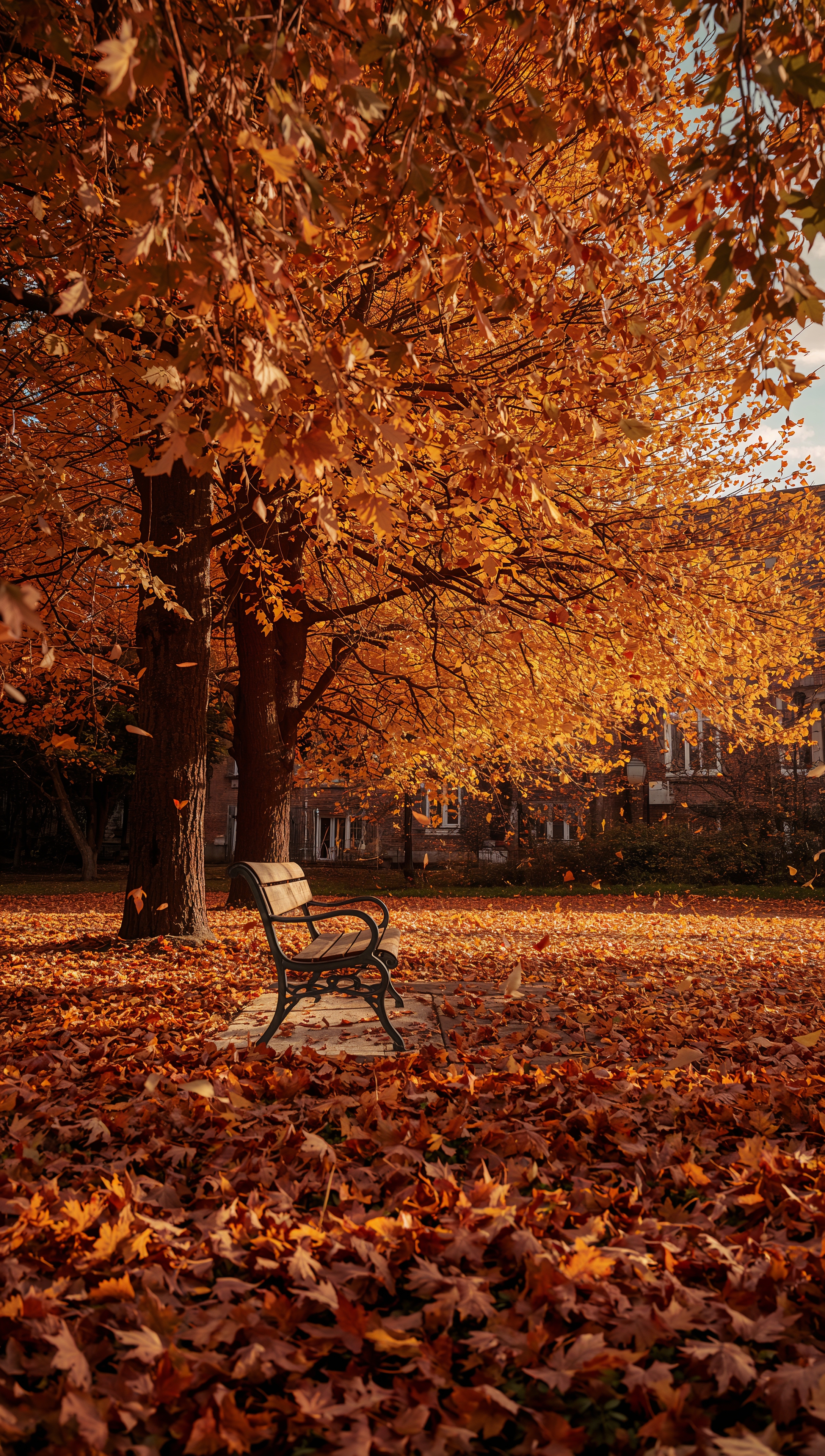 October iPhone wallpaper – bench in autumn park