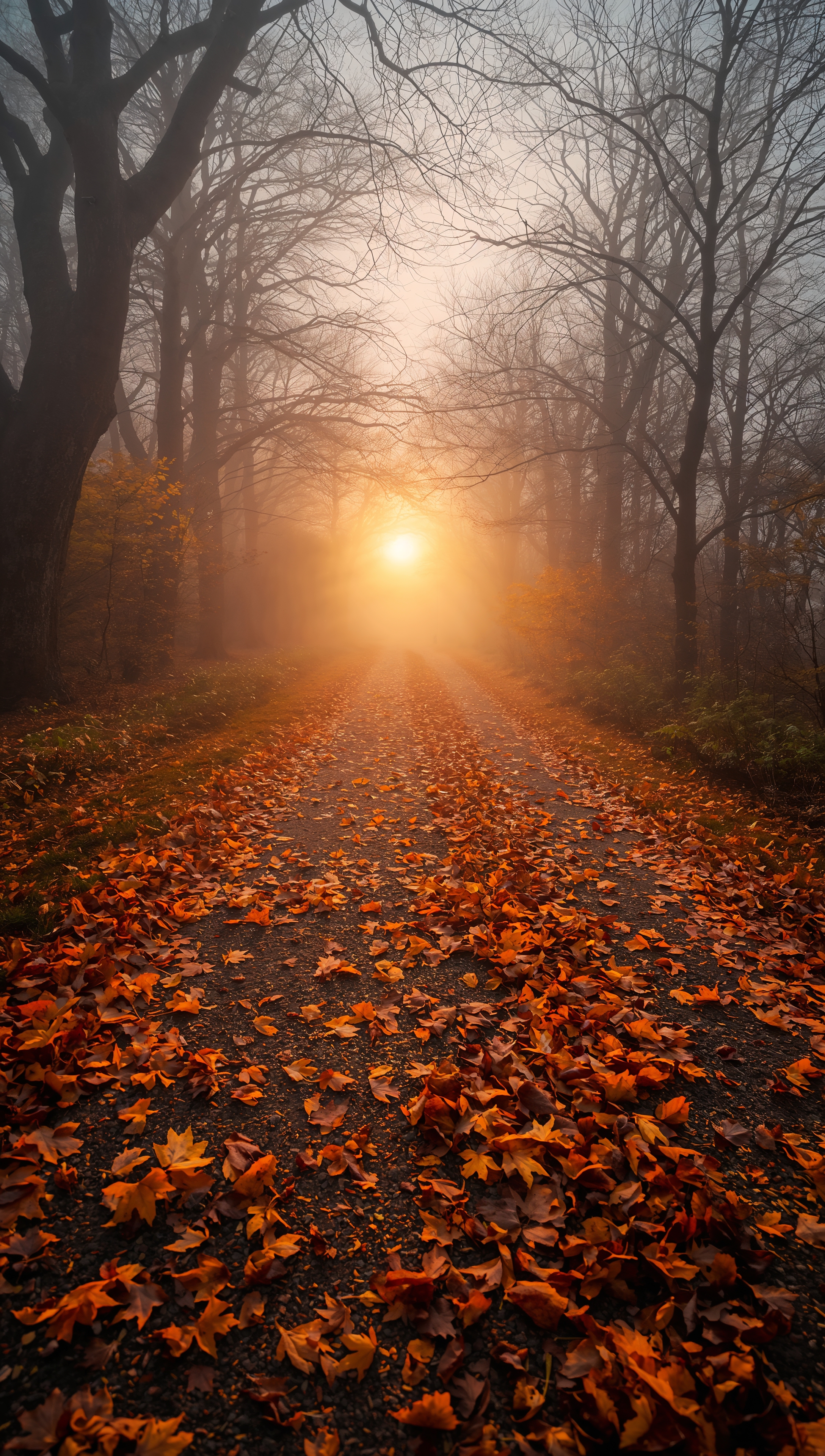 October iPhone wallpaper – foggy autumn path