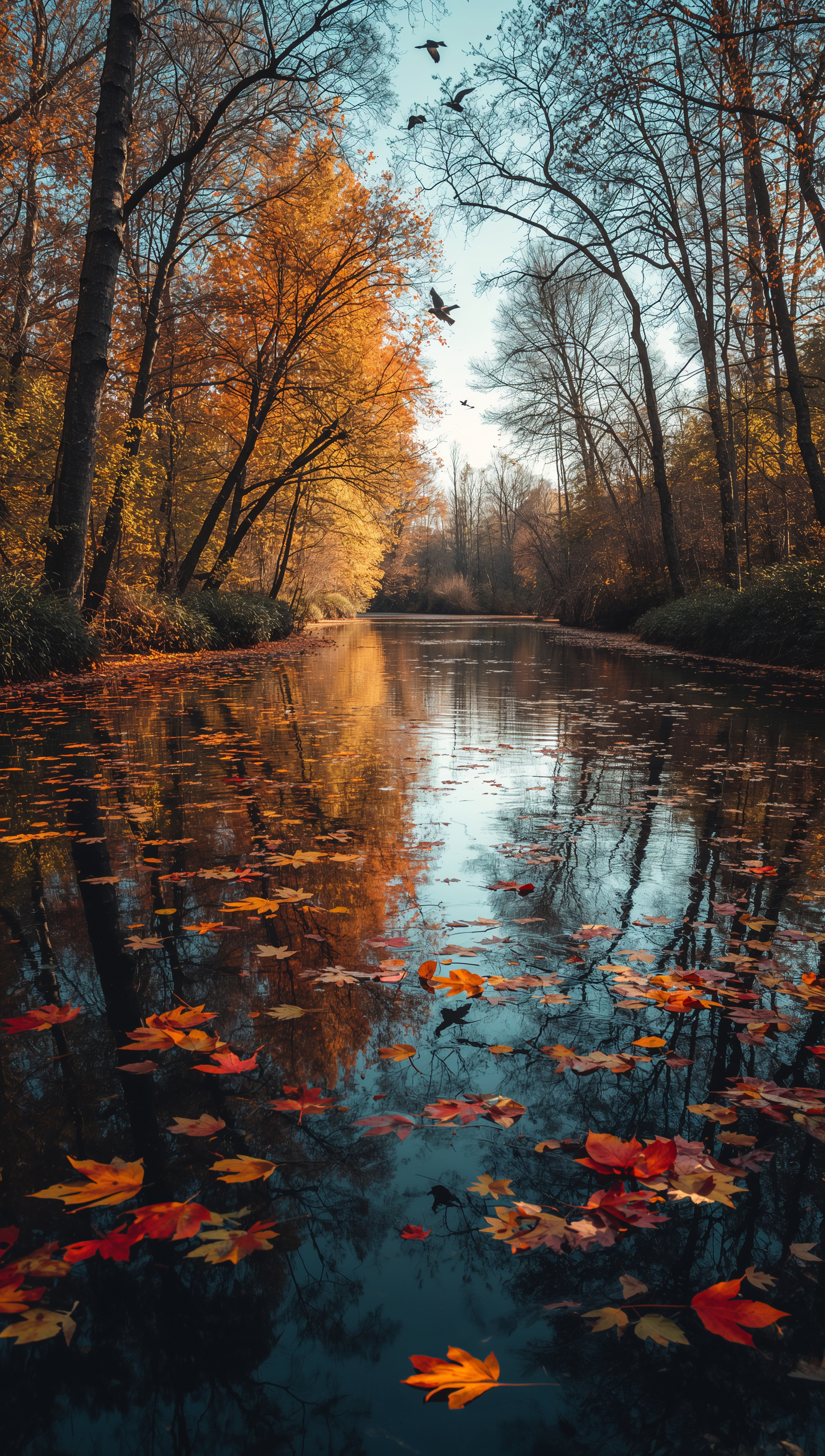 October iPhone wallpaper – river with autumn leaves