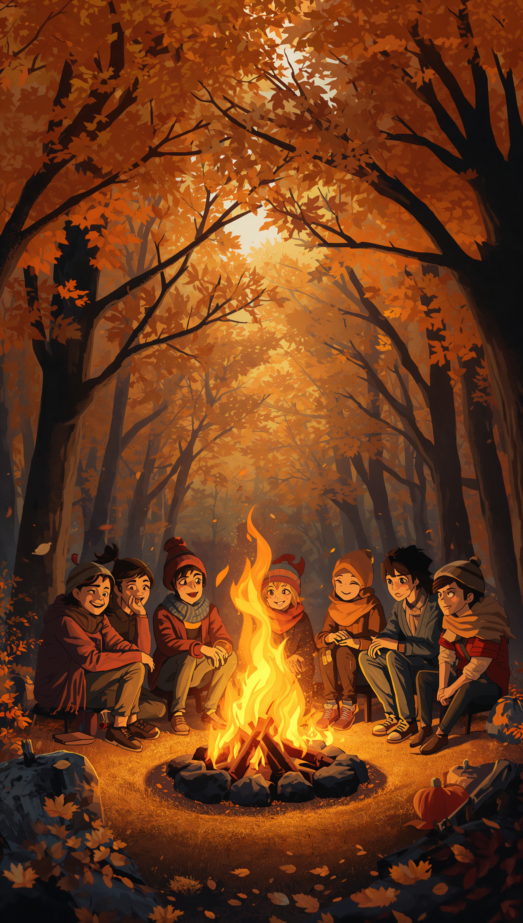 October iPhone wallpaper – campfire in autumn woods