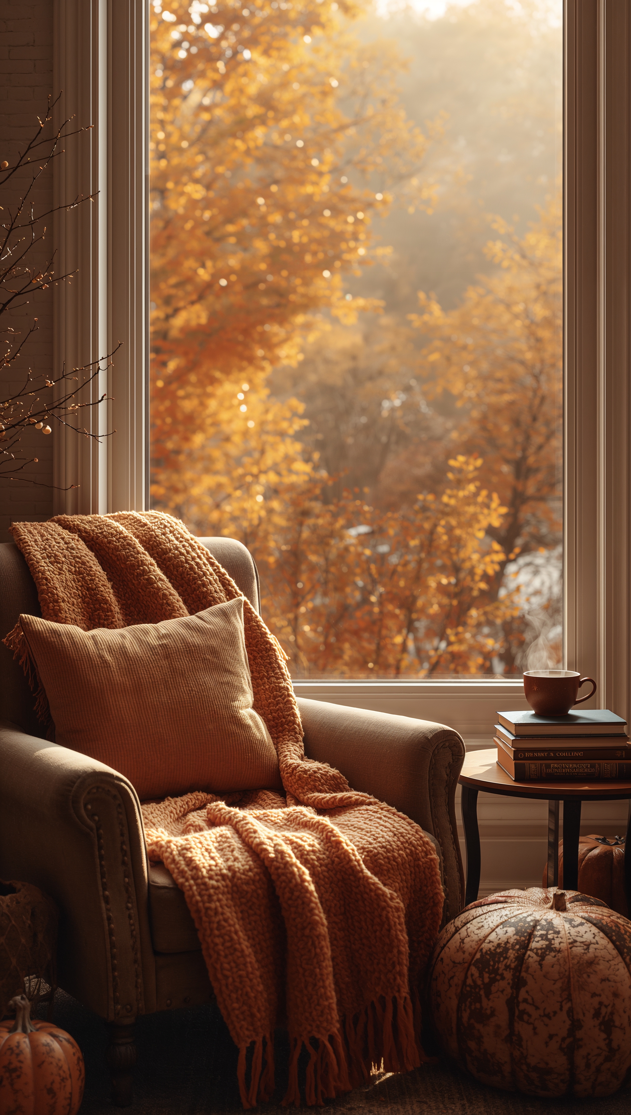 October iPhone wallpaper – cozy autumn reading corner