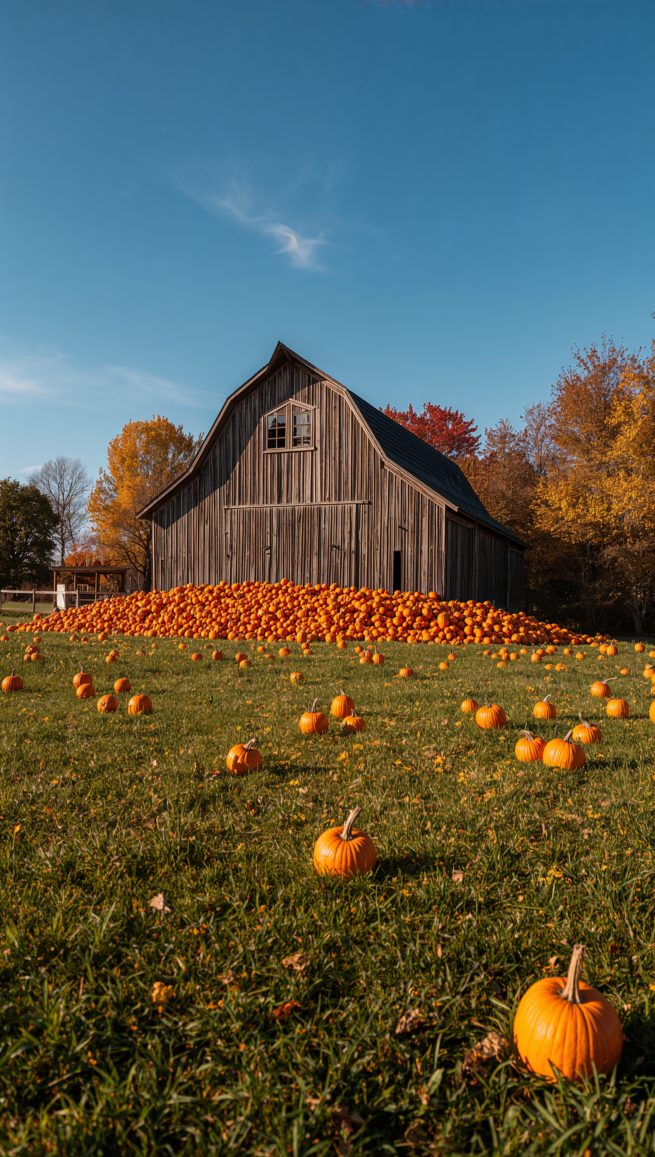 October iPhone wallpaper – barn with pumpkins in autumn