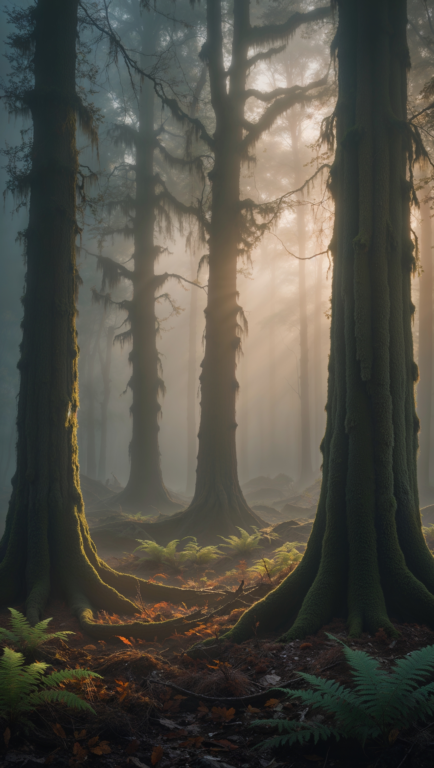 Foggy forest landscape with soft light filtering through trees