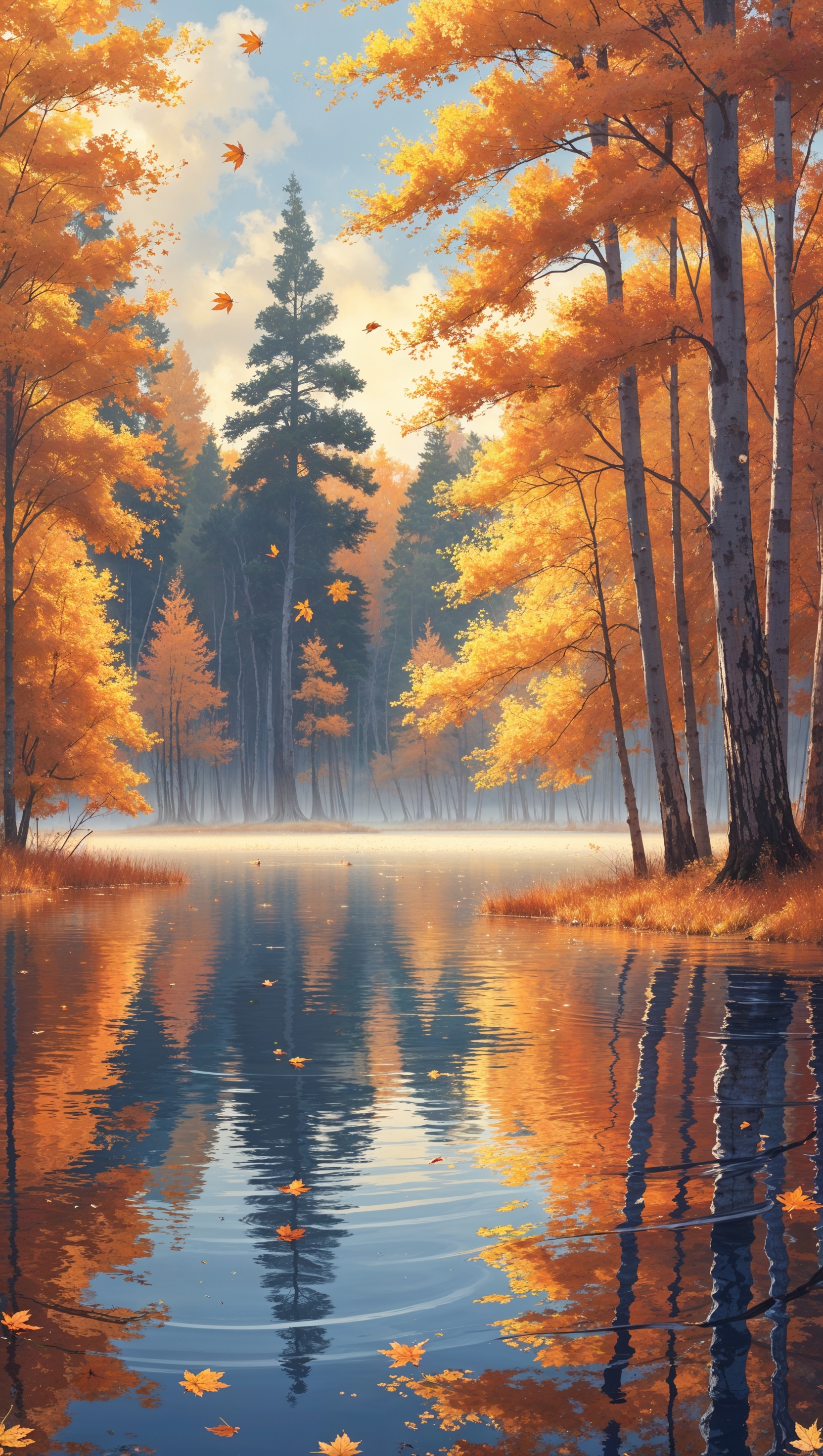 Still lake surrounded by autumn trees with golden leaves