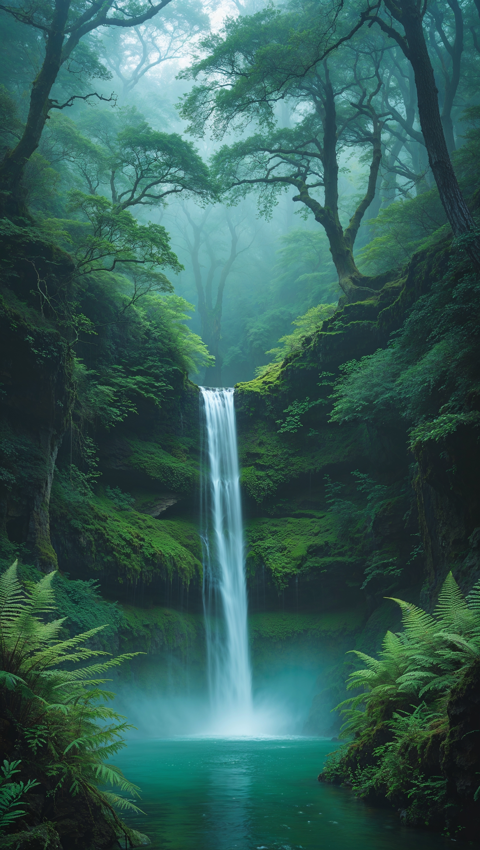 Vertical waterfall flowing gently through lush green forest