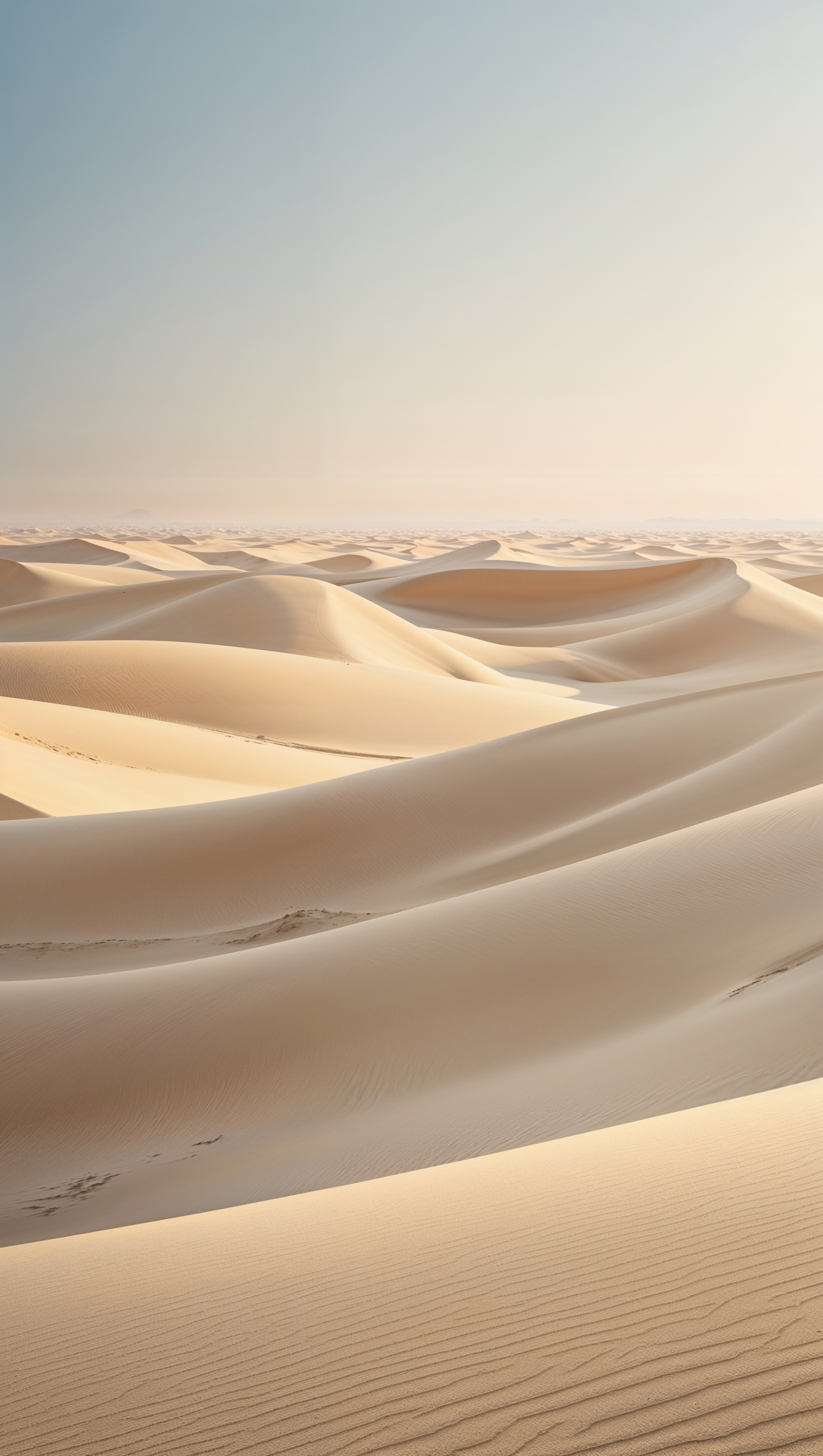 Smooth sandy desert with soft shadows under a pale blue sky
