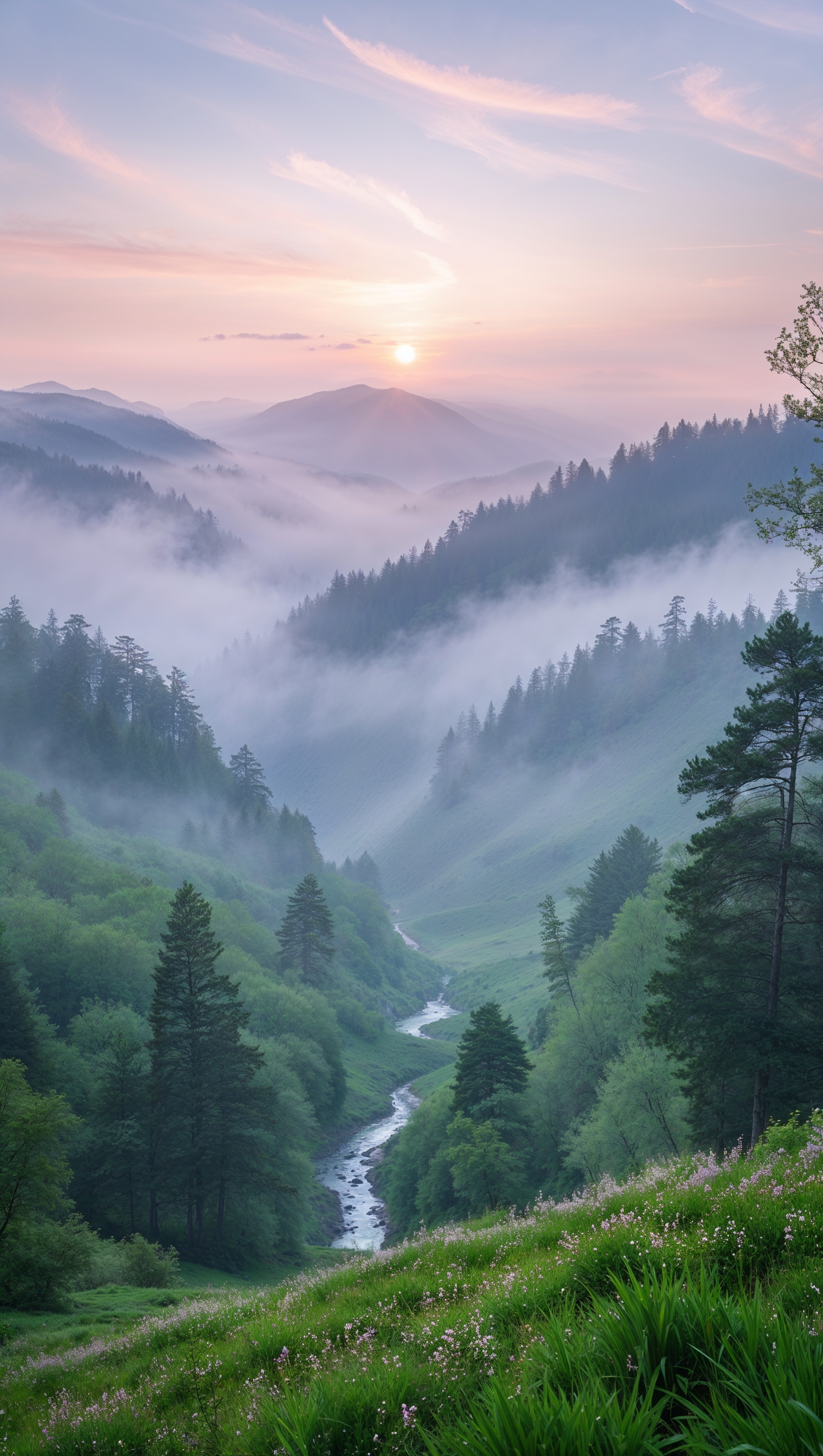 Quiet mountain valley with light fog and soft pastel sky