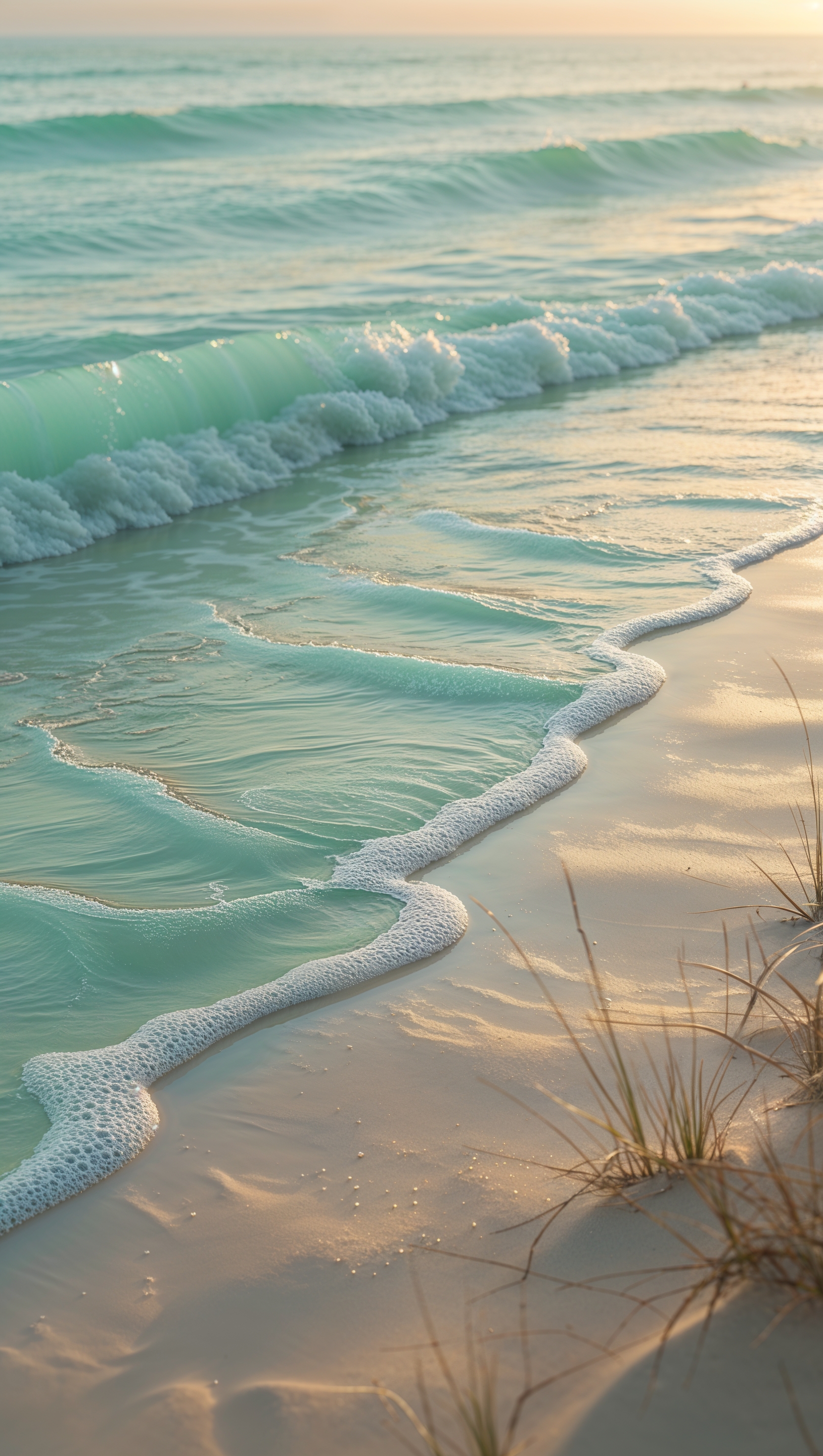 Smooth ocean waves gently lapping on sandy shore at dawn