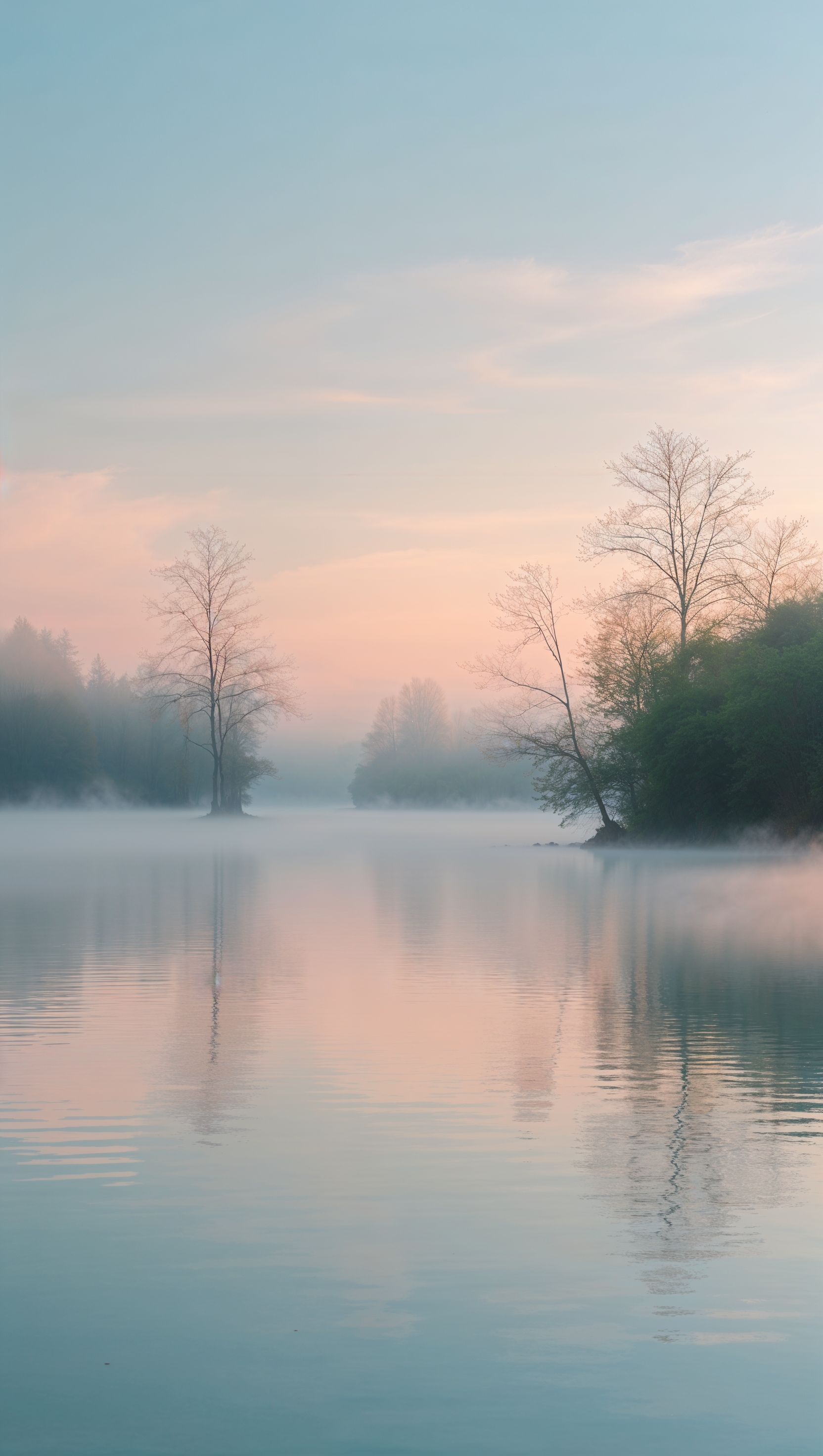 Serene lake at dawn with mist and soft reflections