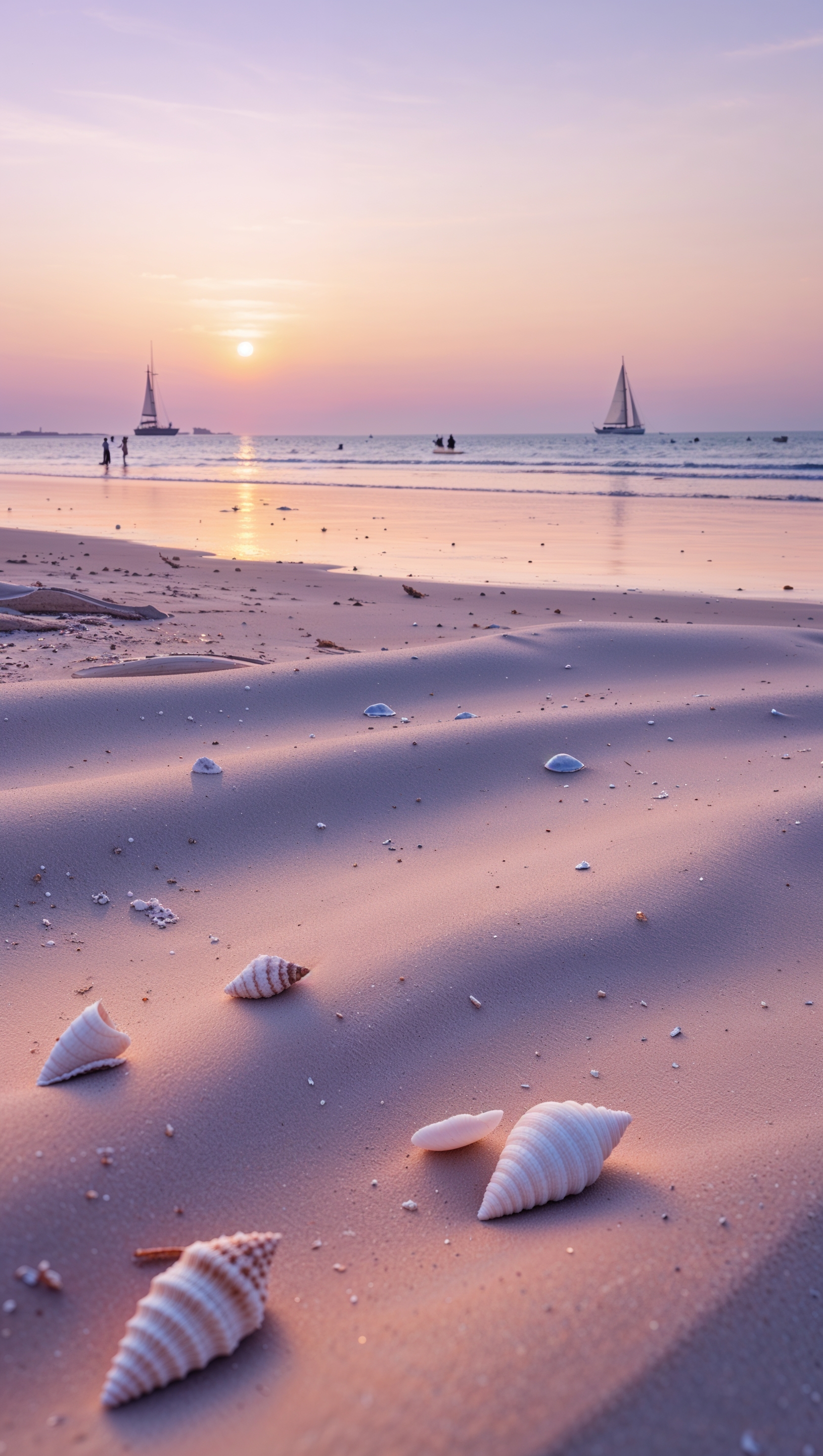 Calm beach with smooth sand and pastel sky at sunset
