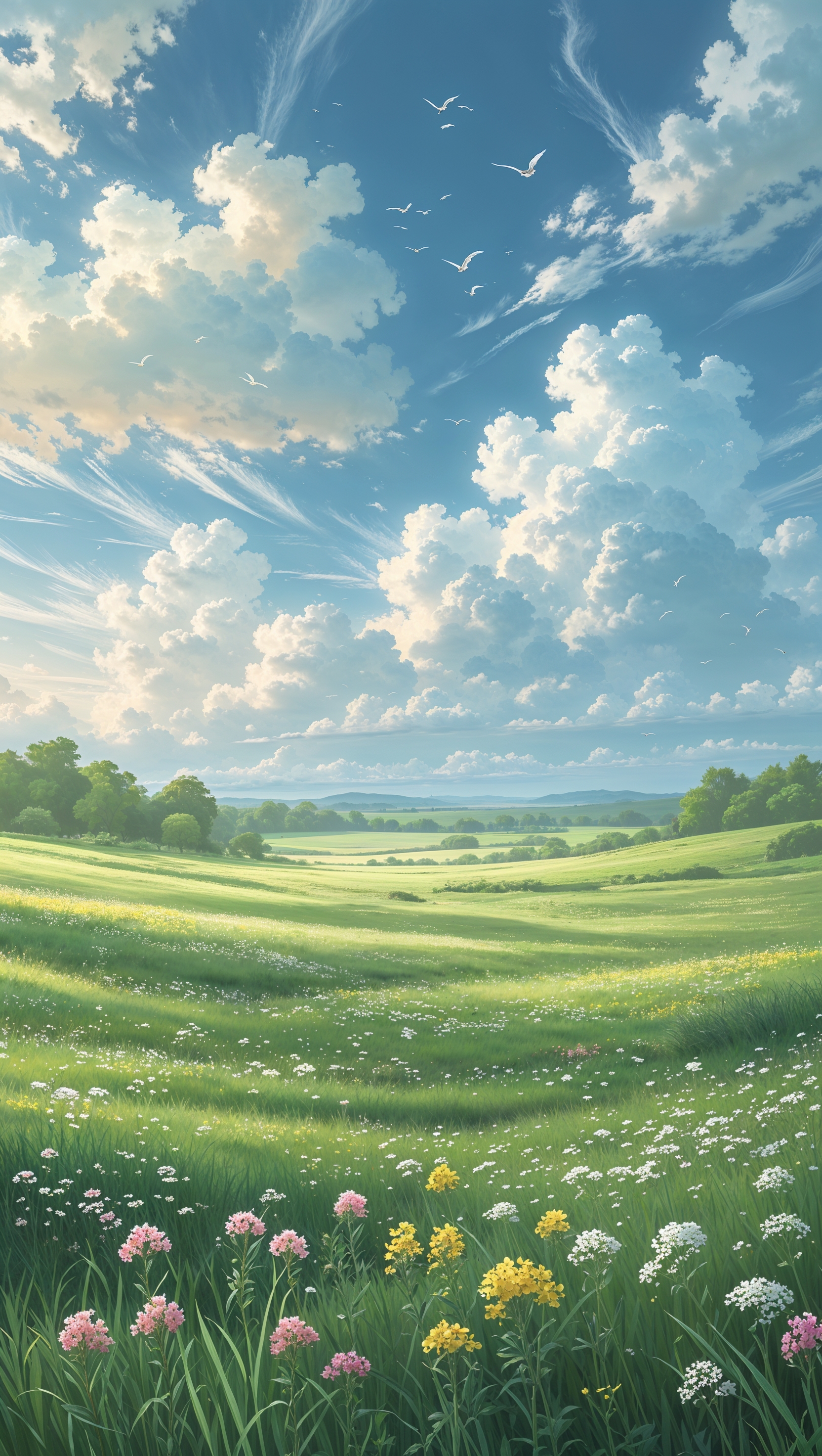 Soft green meadow under light cloudy sky, peaceful atmosphere