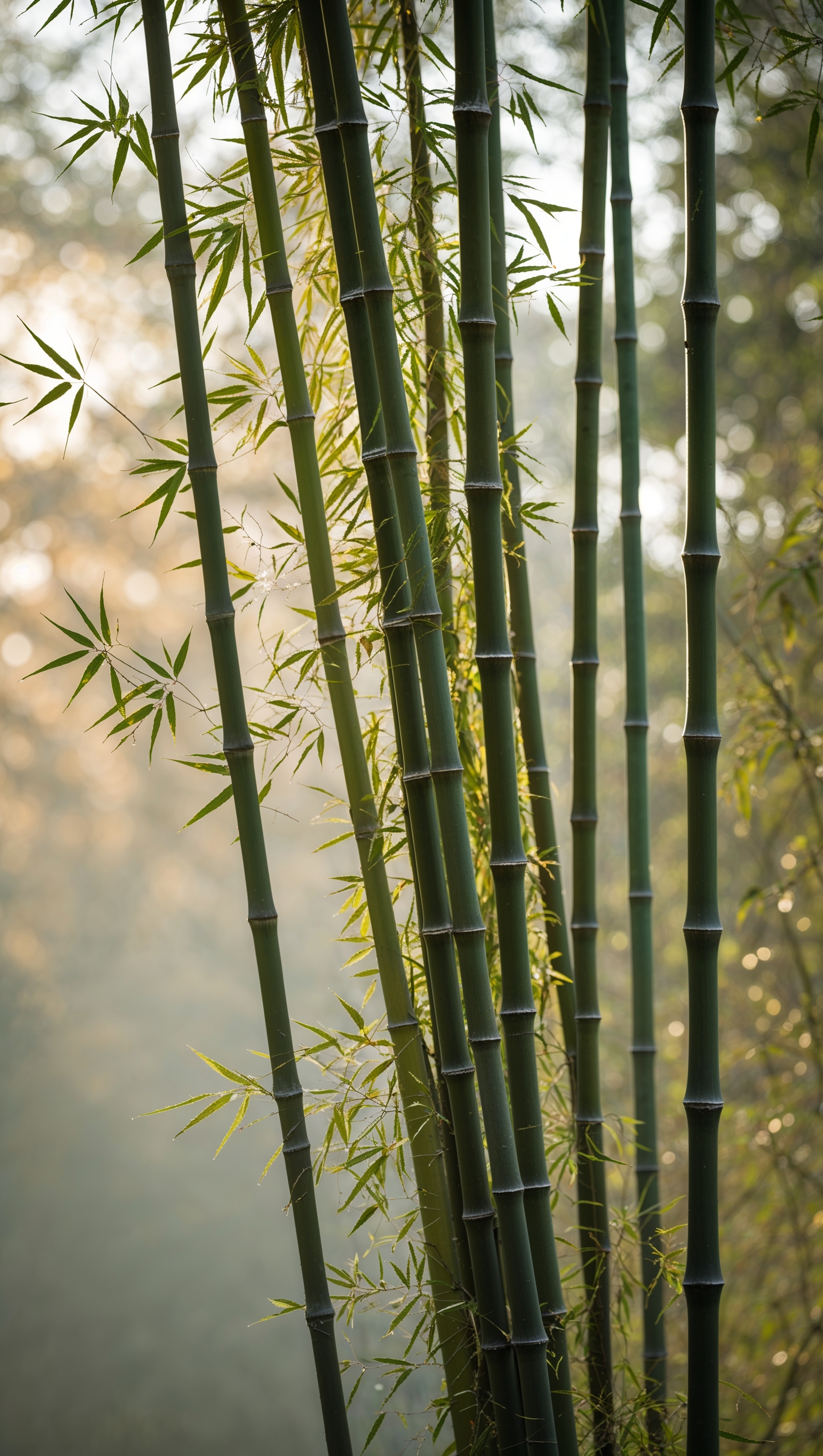 Vertical bamboo stalks with soft morning light and gentle shadows