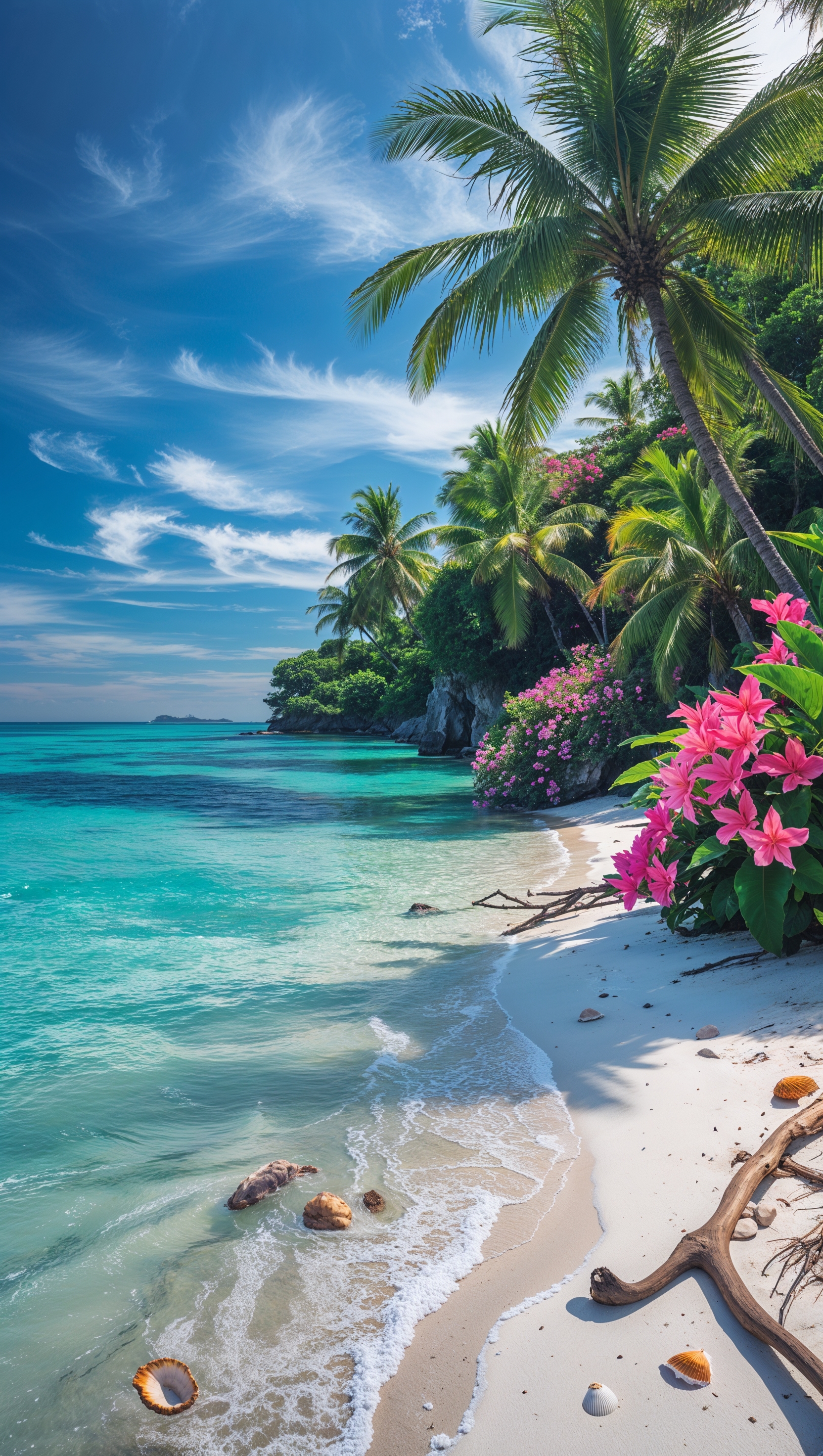 Tropical beach at sunset with orange-pink glow and coconut trees