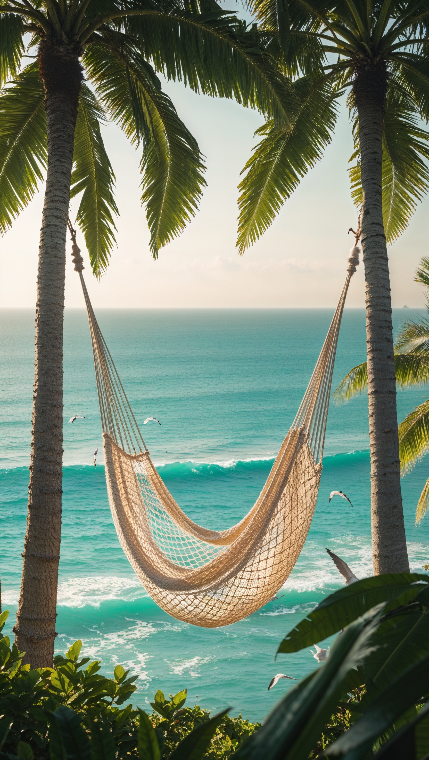 Vertical view of a hammock between palms with ocean in background