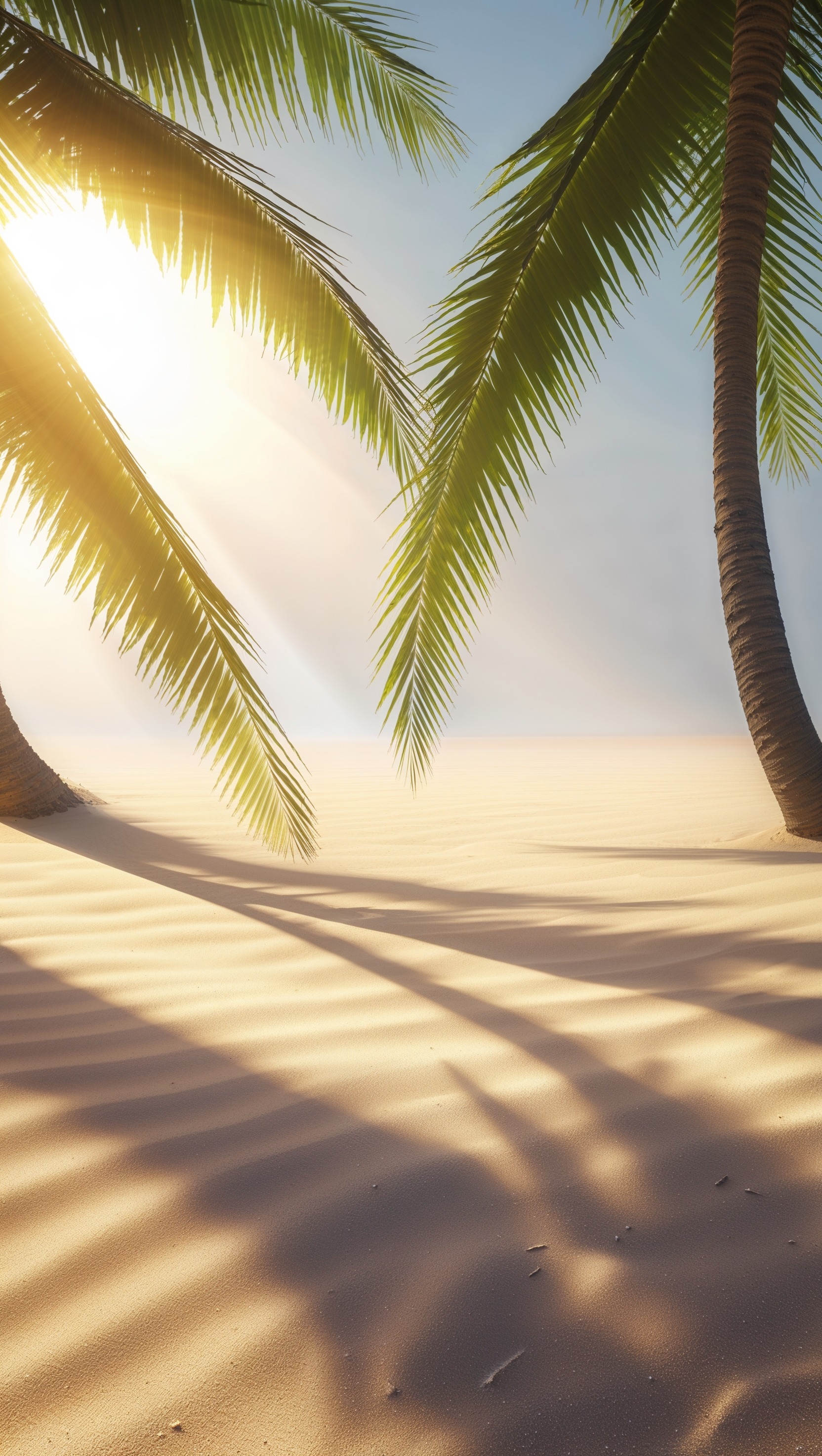 Palm shadows falling across clear beach sand in the morning light