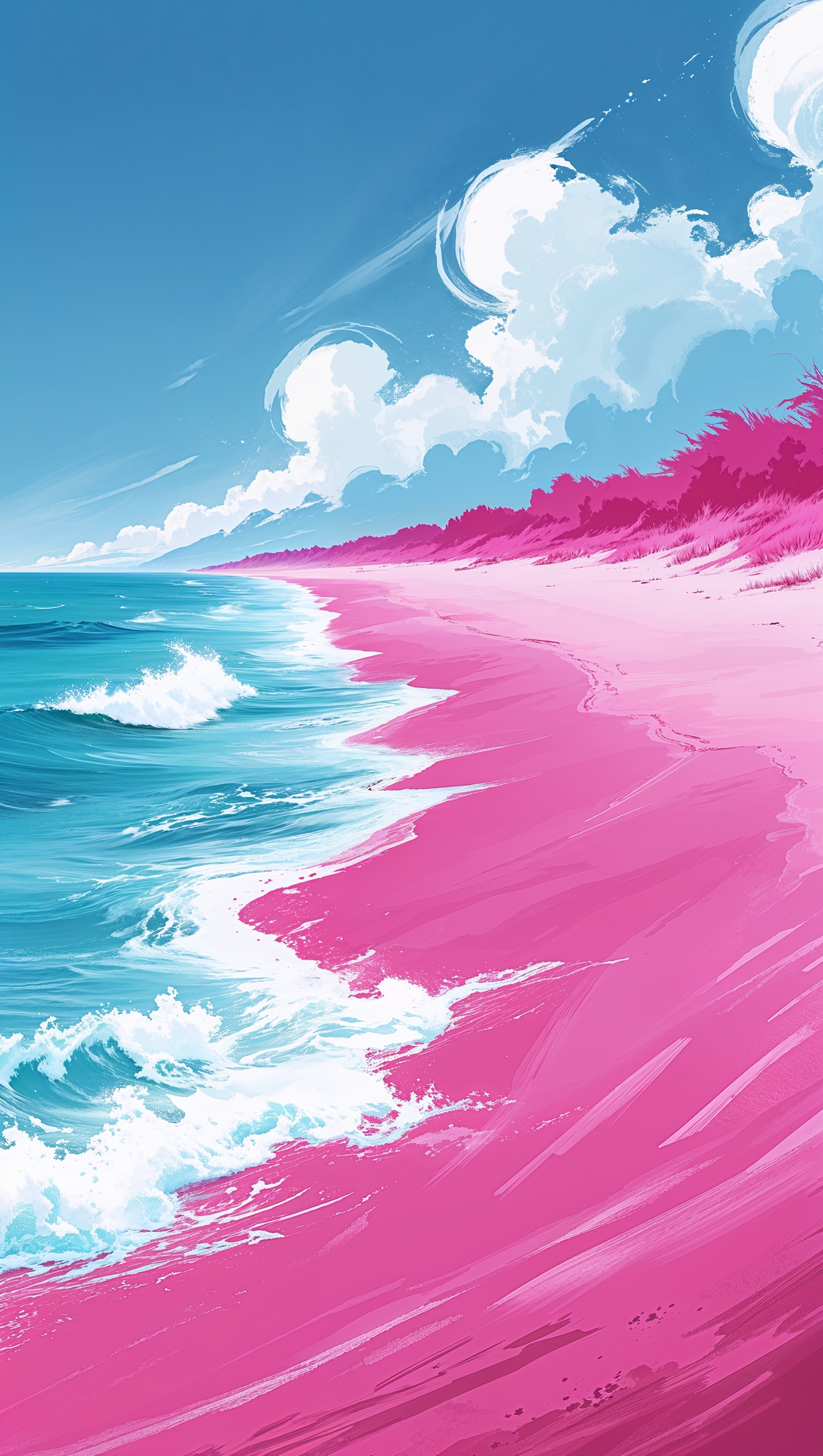 Pink beach sand with soft blue waves, vertical fantasy aesthetic