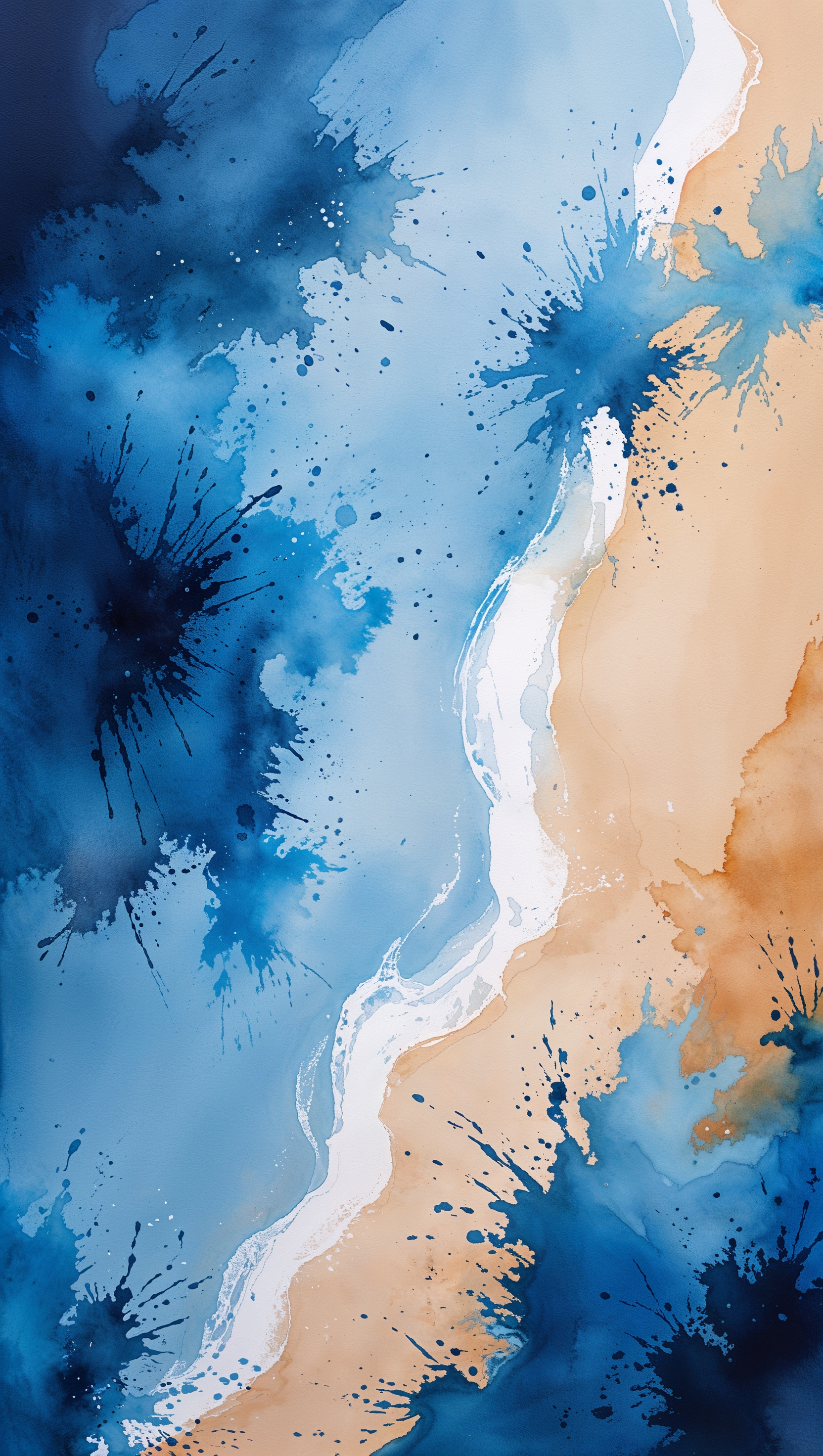 Abstract watercolor beach art in blue and sand tones, vertical layout