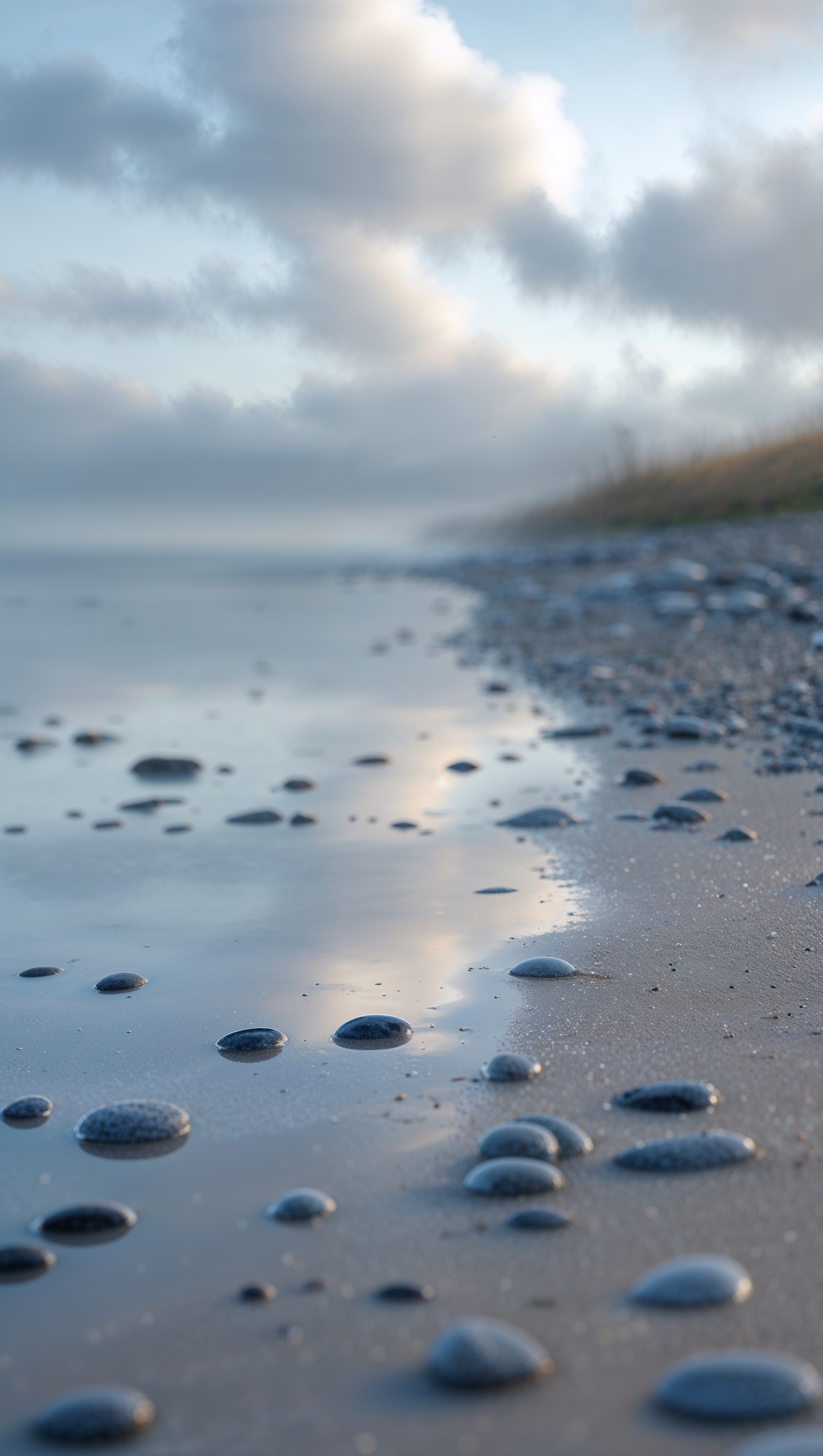 Cream-colored beach with gentle tide and subtle reflections, minimalist vertical layout
