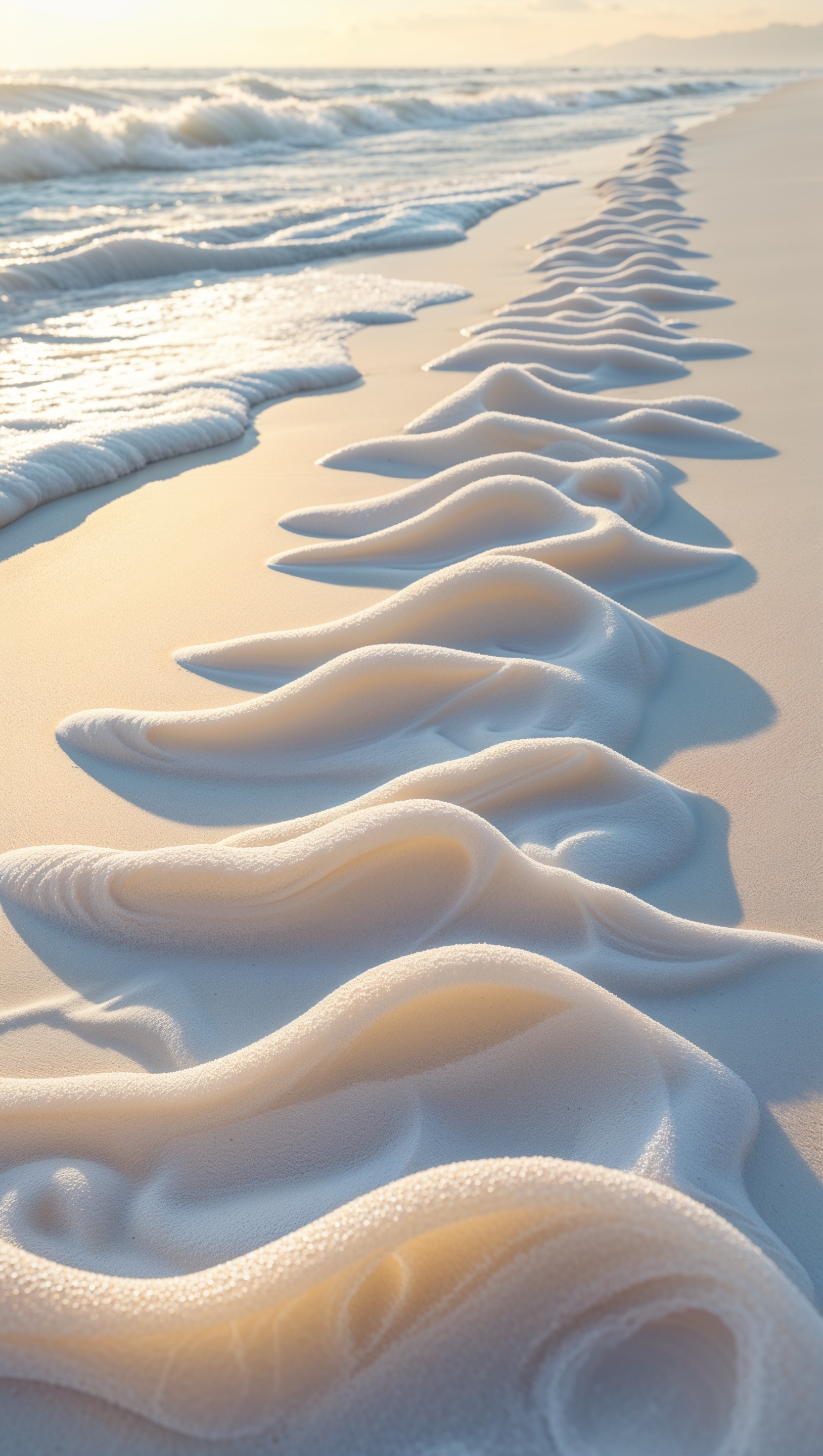 Vertical sea foam texture on smooth sand with light sun rays