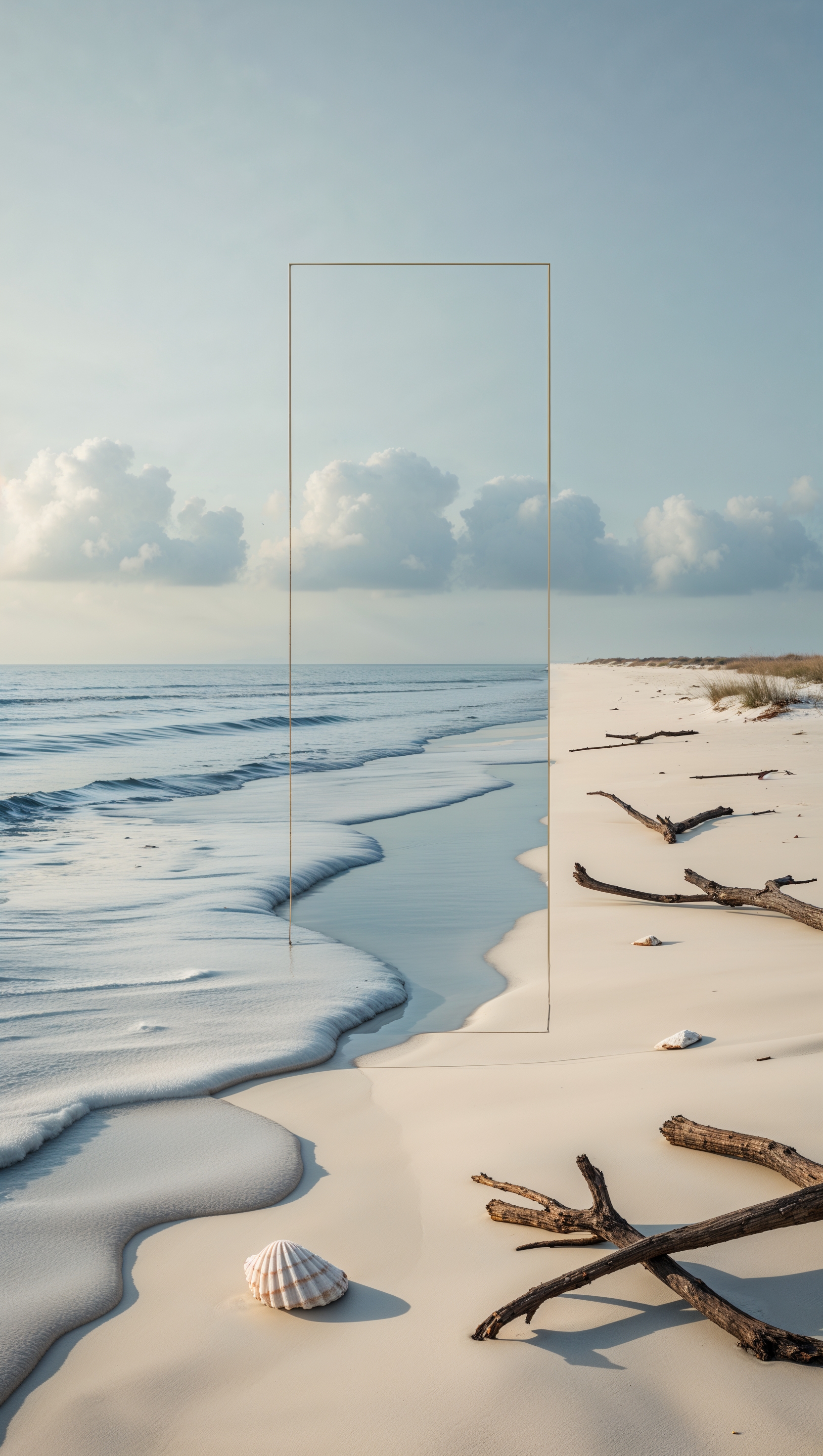 Cream-colored beach with gentle tide and subtle reflections, minimalist vertical layout