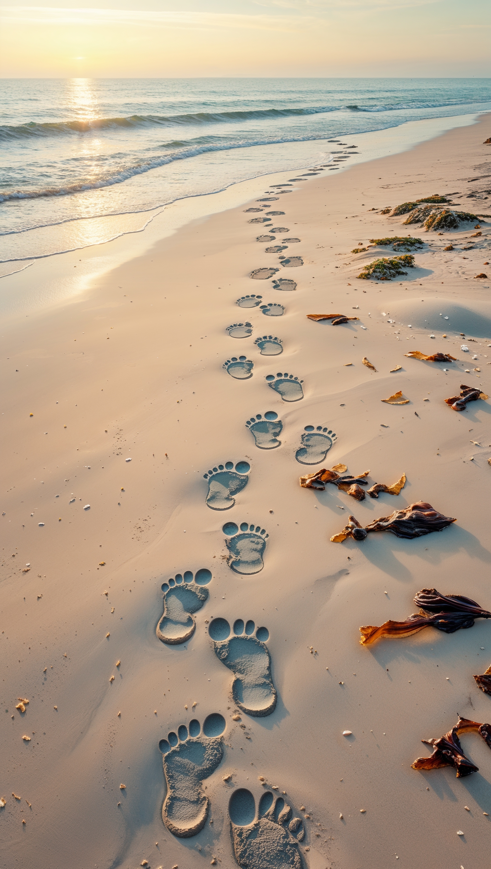 Footprints in the sand leading to the sea under pale morning light
