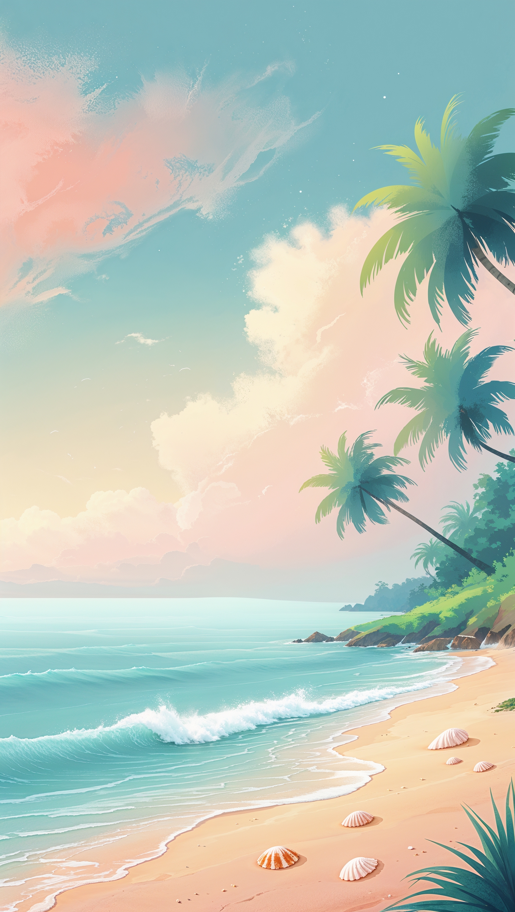 Pastel gradient sky over soft ocean waves, peaceful beach view