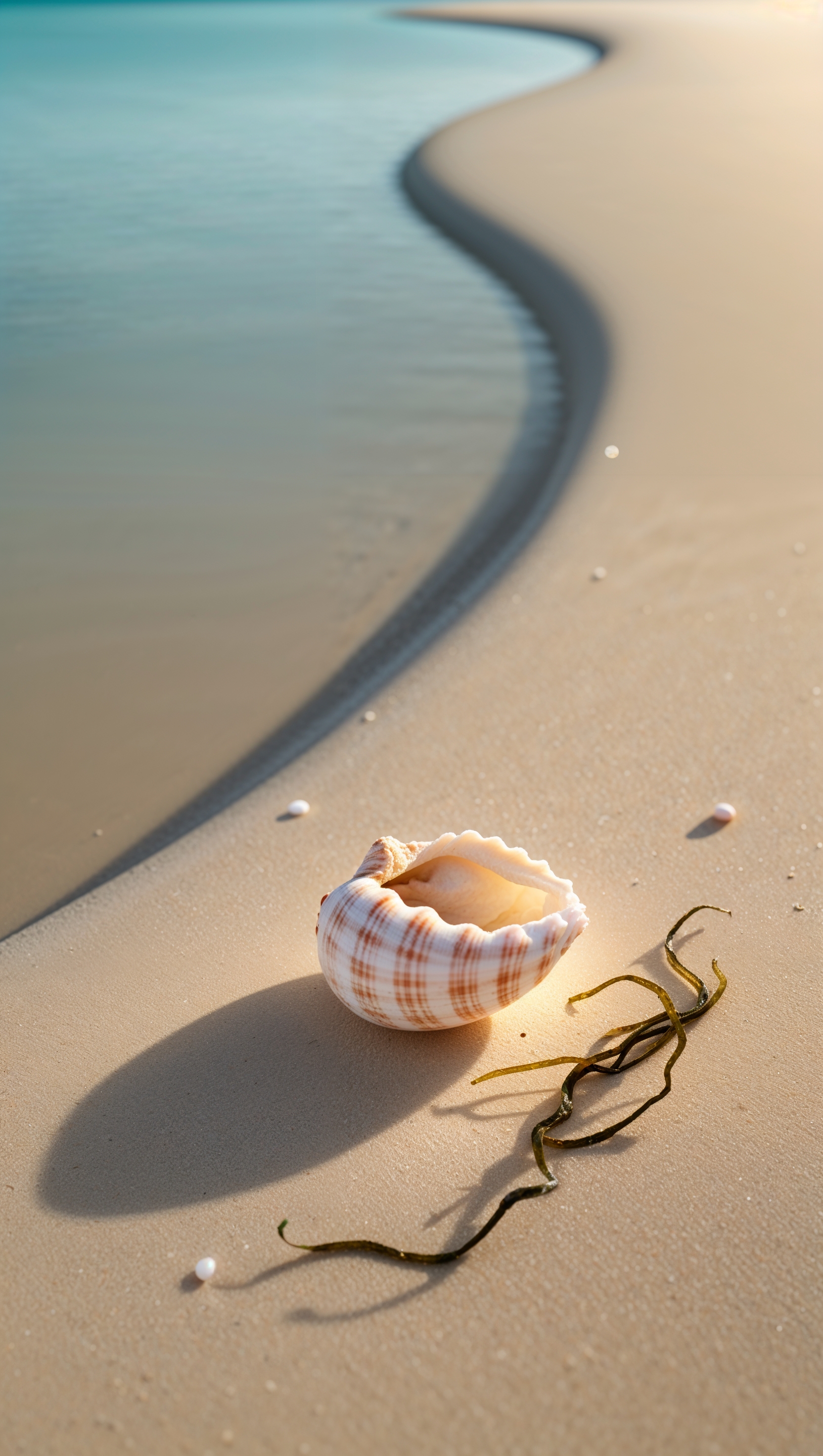 Minimal beige beach with a single seashell on smooth sand, clean and calm