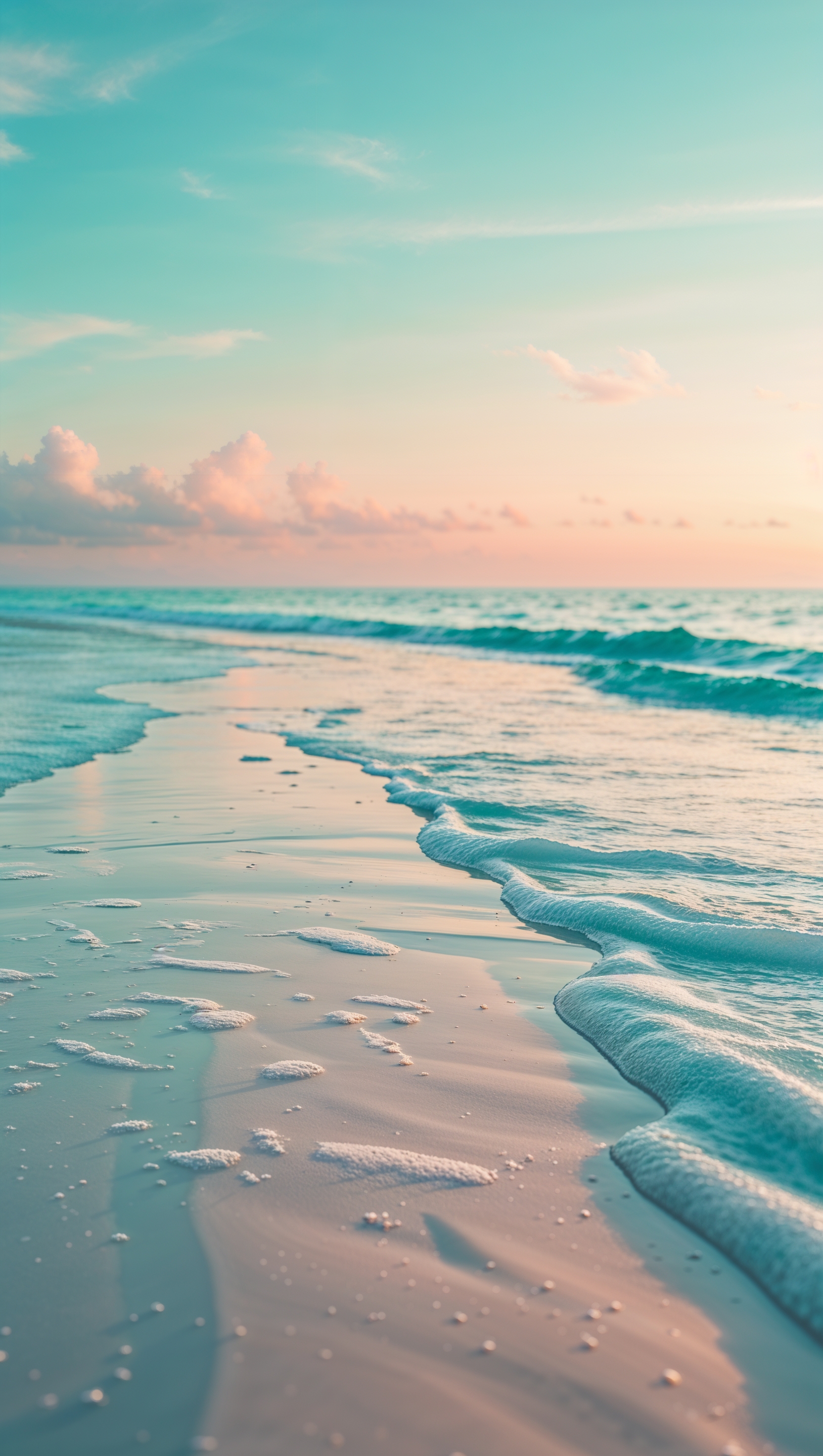 Soft pastel beach at sunrise with smooth sand and gentle waves, vertical iPhone wallpaper