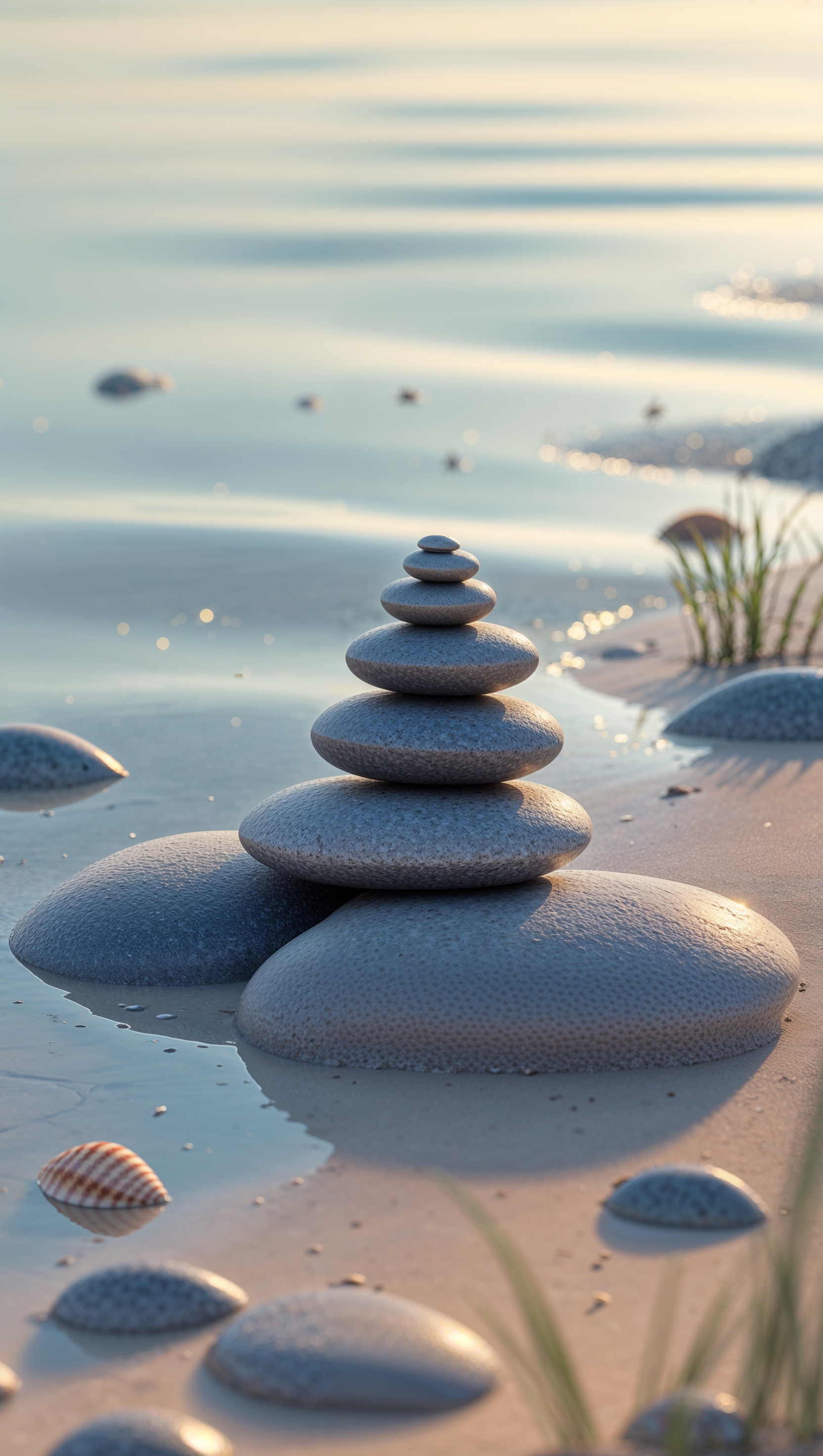 Zen-style minimalist beach with stacked stones and smooth water