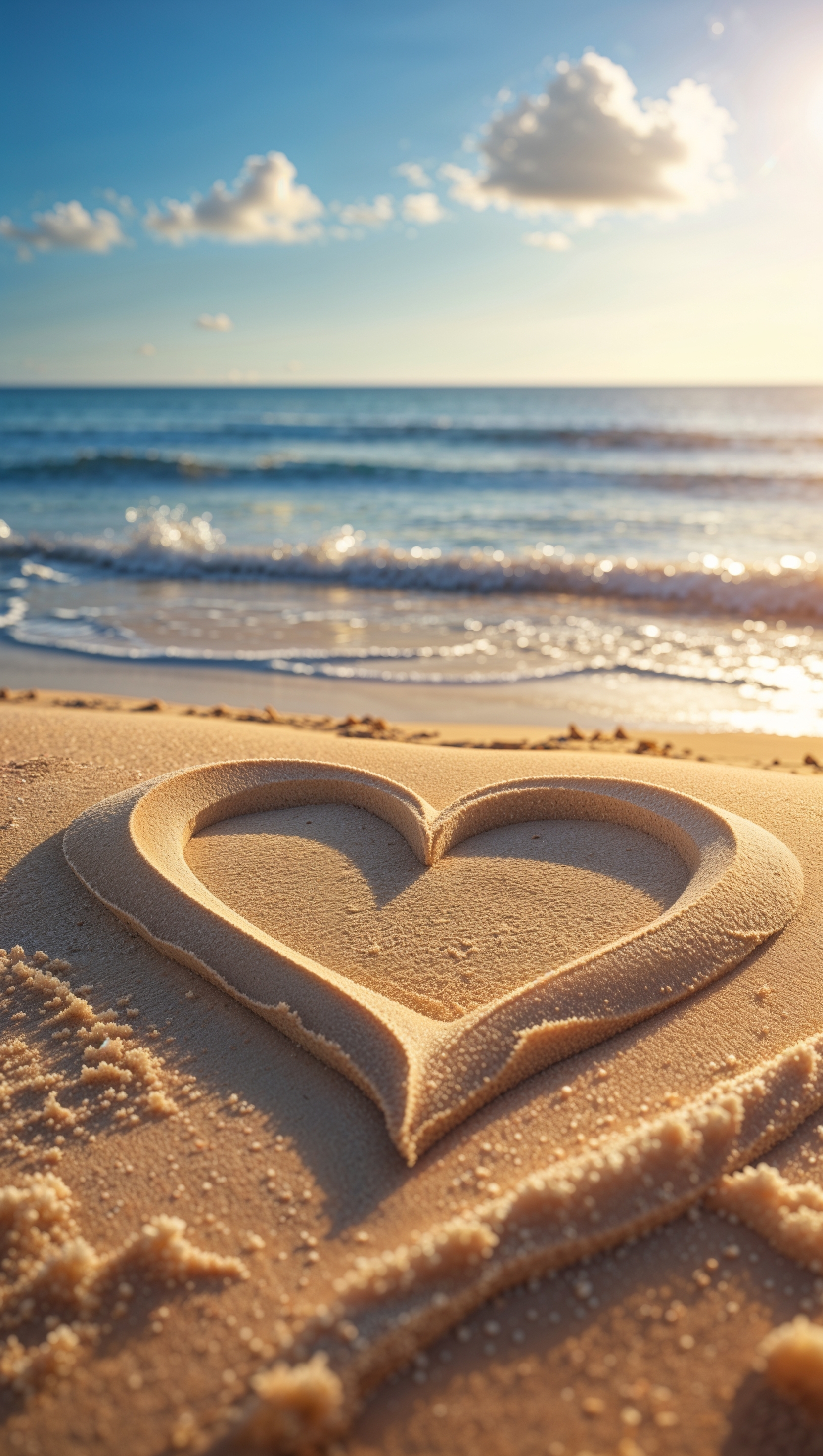 Heart shape drawn in sand with ocean waves near, romantic scene