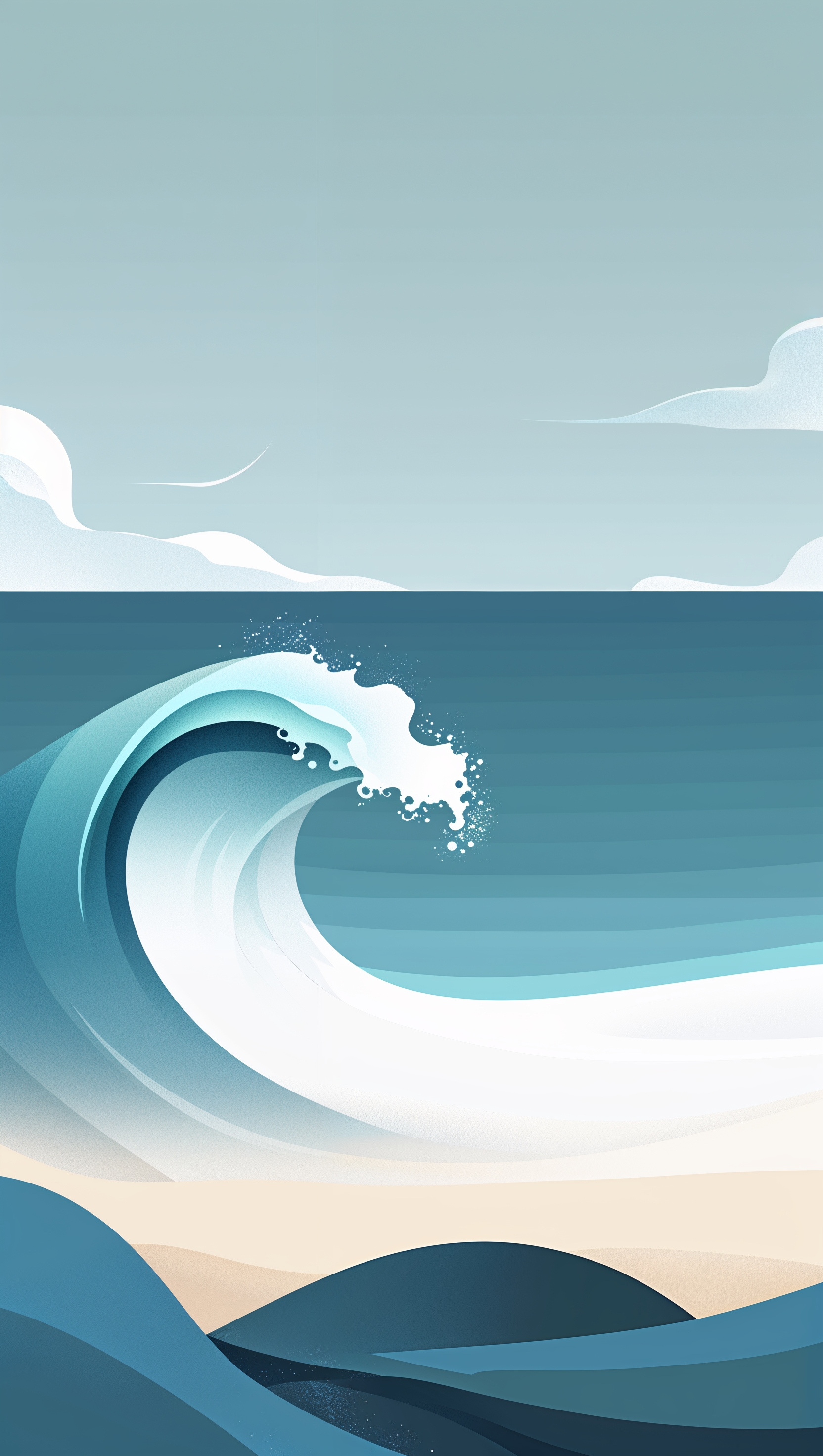 Flat minimal art of a single wave approaching sandy shore