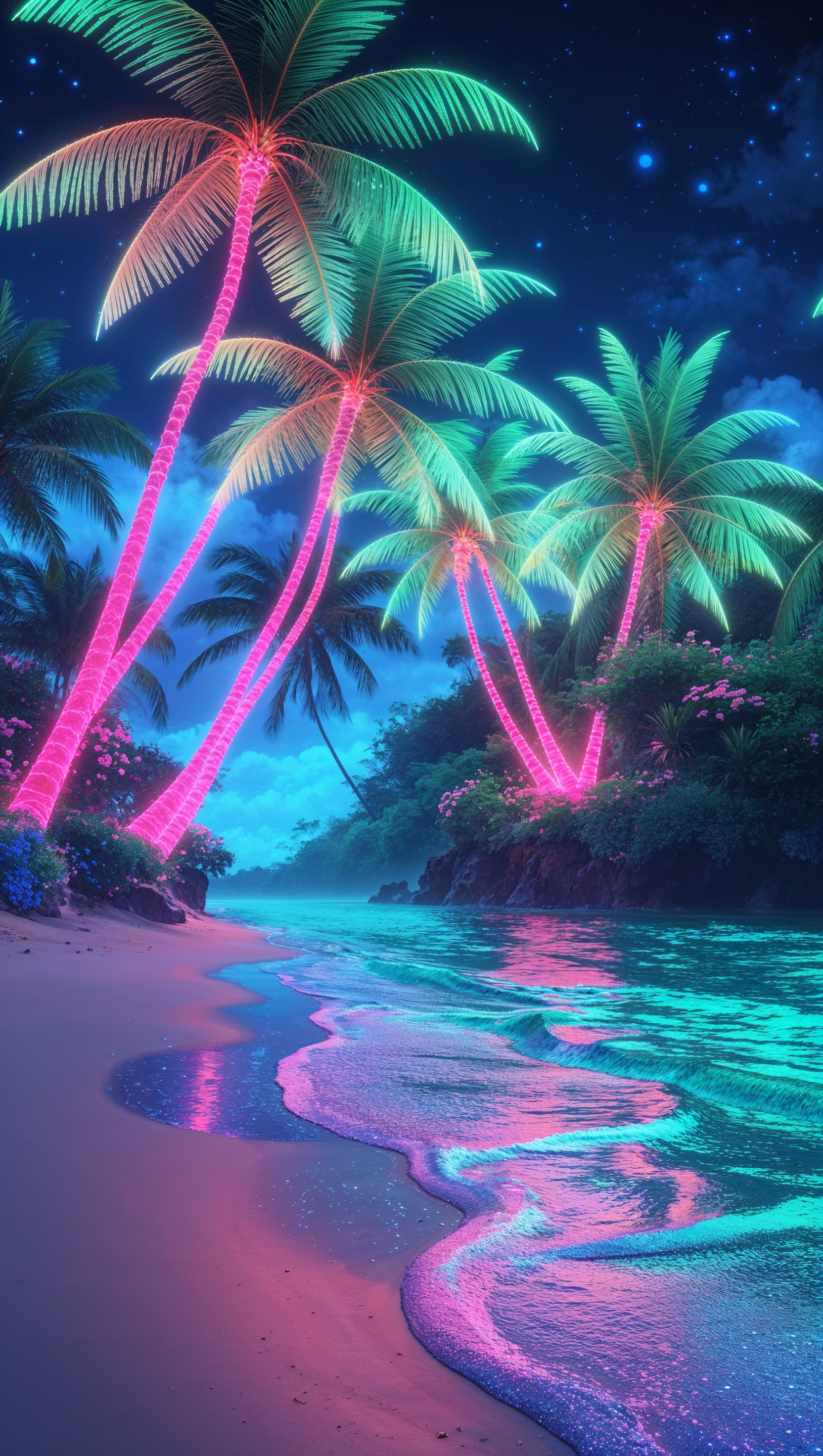 Neon tropical beach at night with glowing palm trees and blue sand