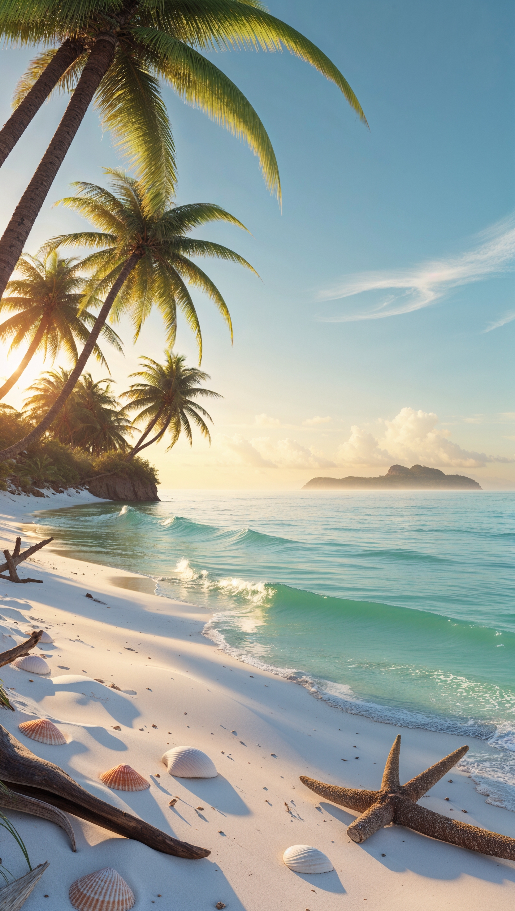 3D render of a tropical beach with high detail and soft lighting