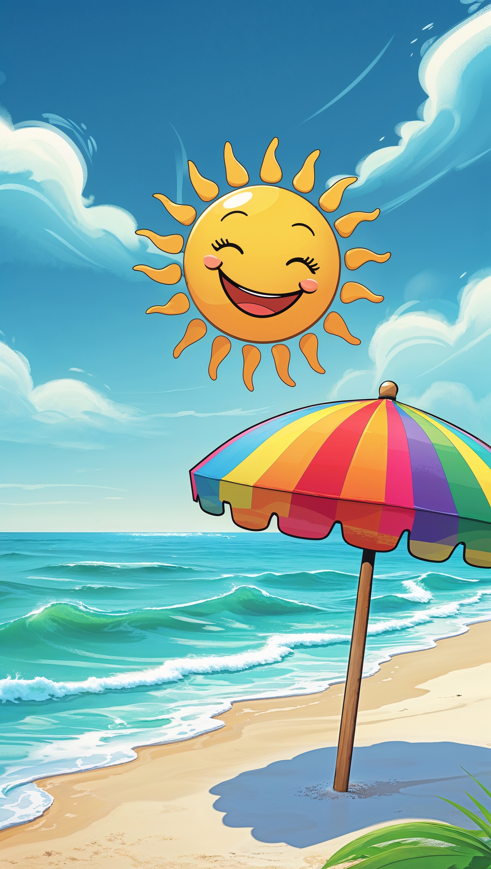 Cartoon-style beach with smiling sun, clear waves and colorful umbrella