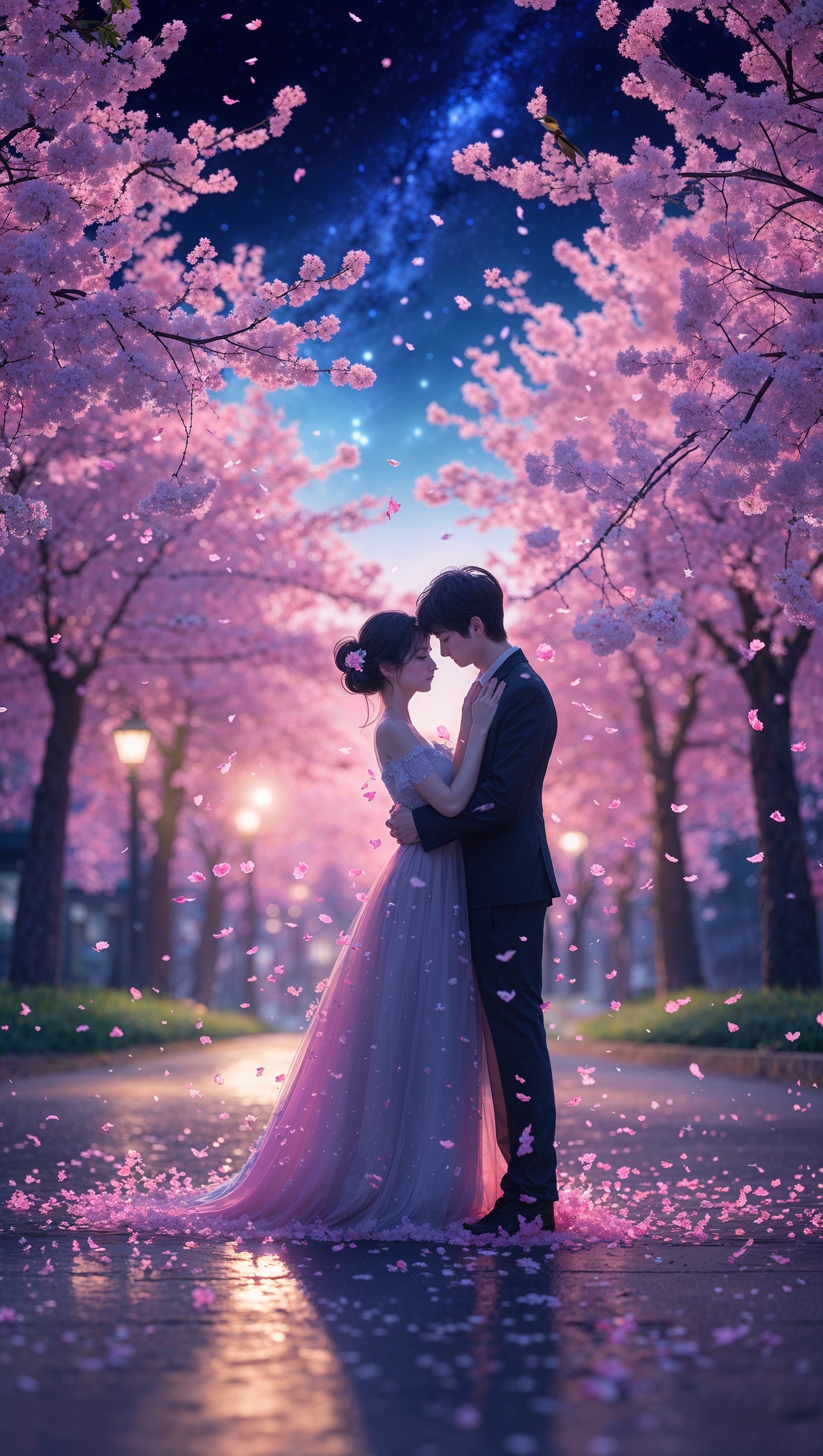 Couple silhouettes under cherry blossom rain at night