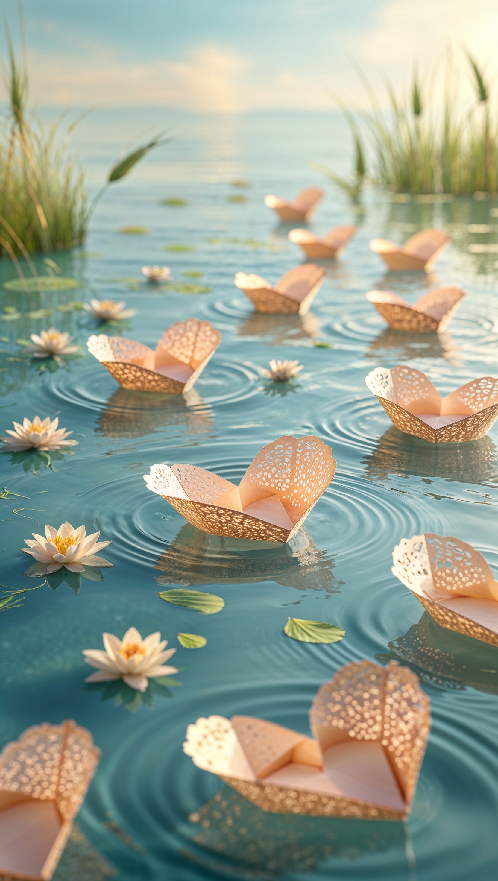 Floating paper boats shaped like hearts on a calm lake