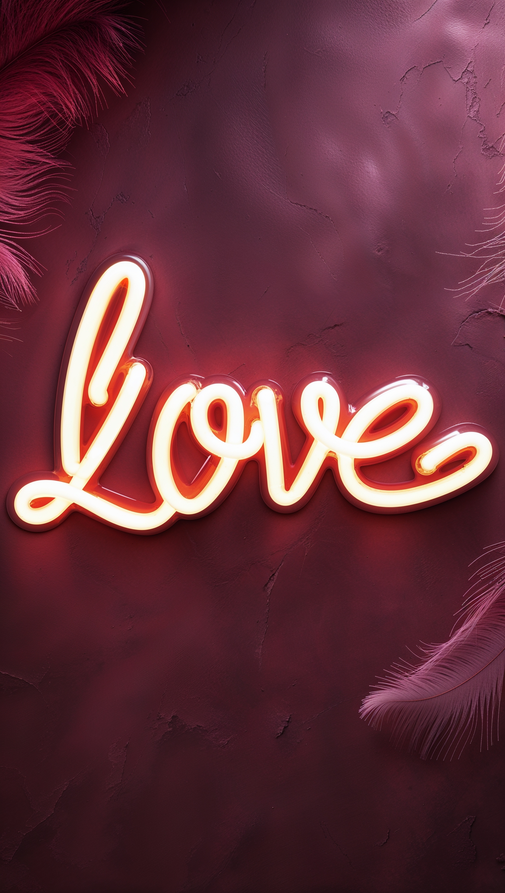 Love in neon letters glowing over dark rose background