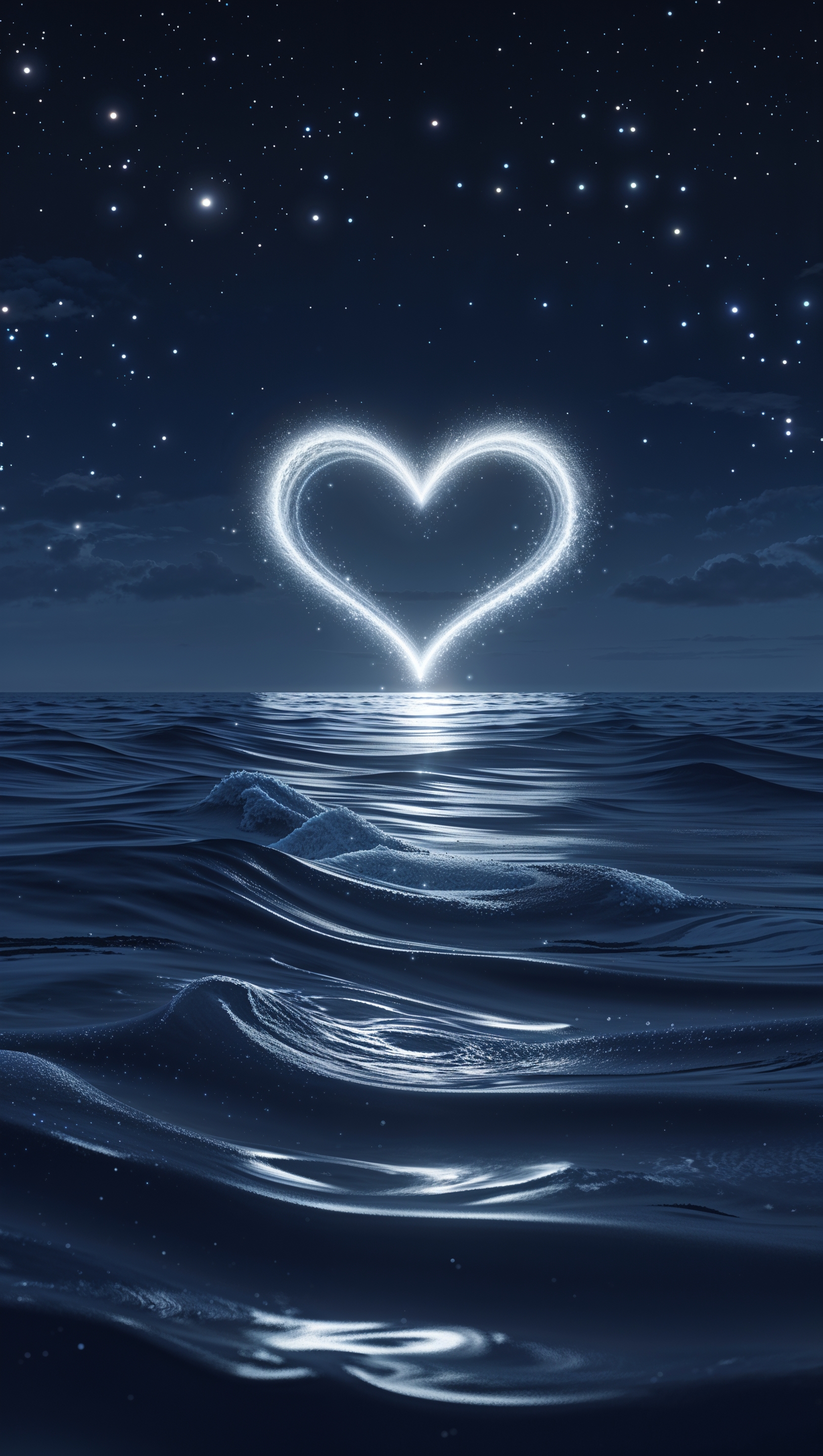 Moonlight forming a heart reflection over ocean waves